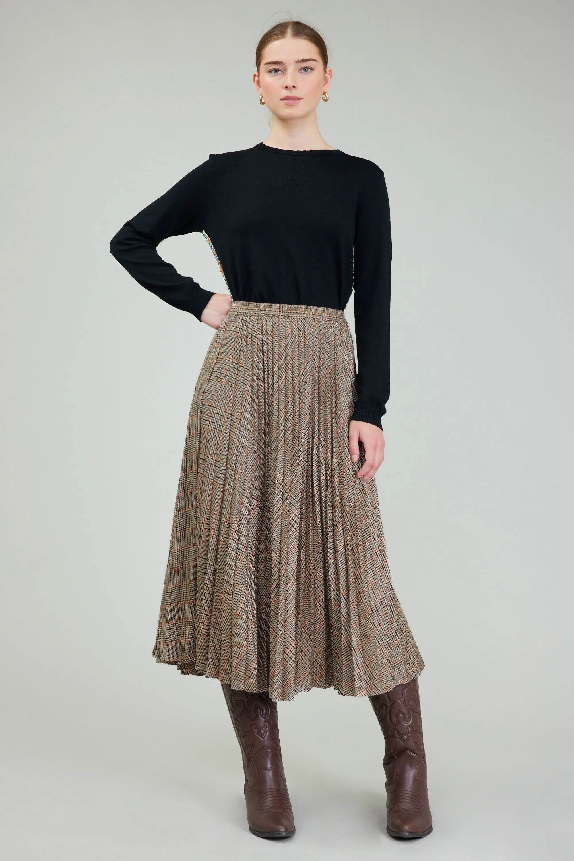 Plaid Pleated Midi Skirt