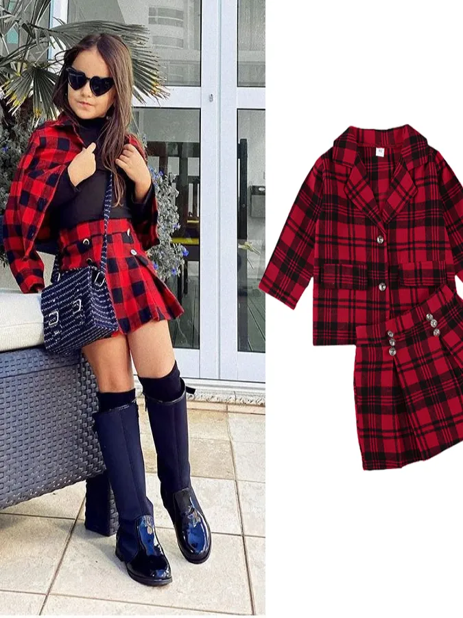 Plaid Pleated Princess Blazer And Skirt Set