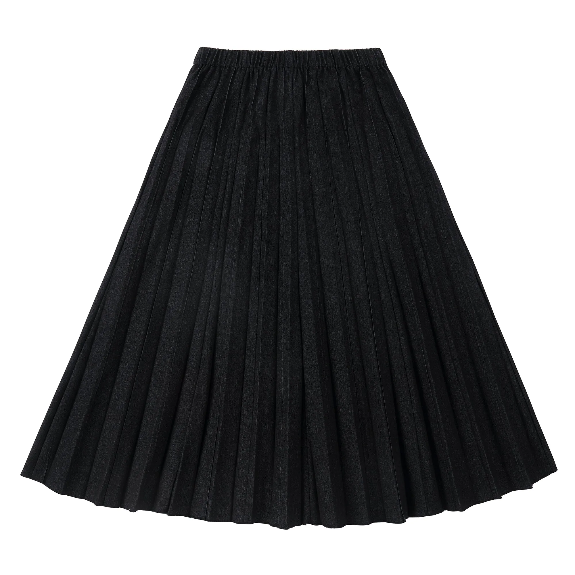 Pleated Black Denim Midi Skirt