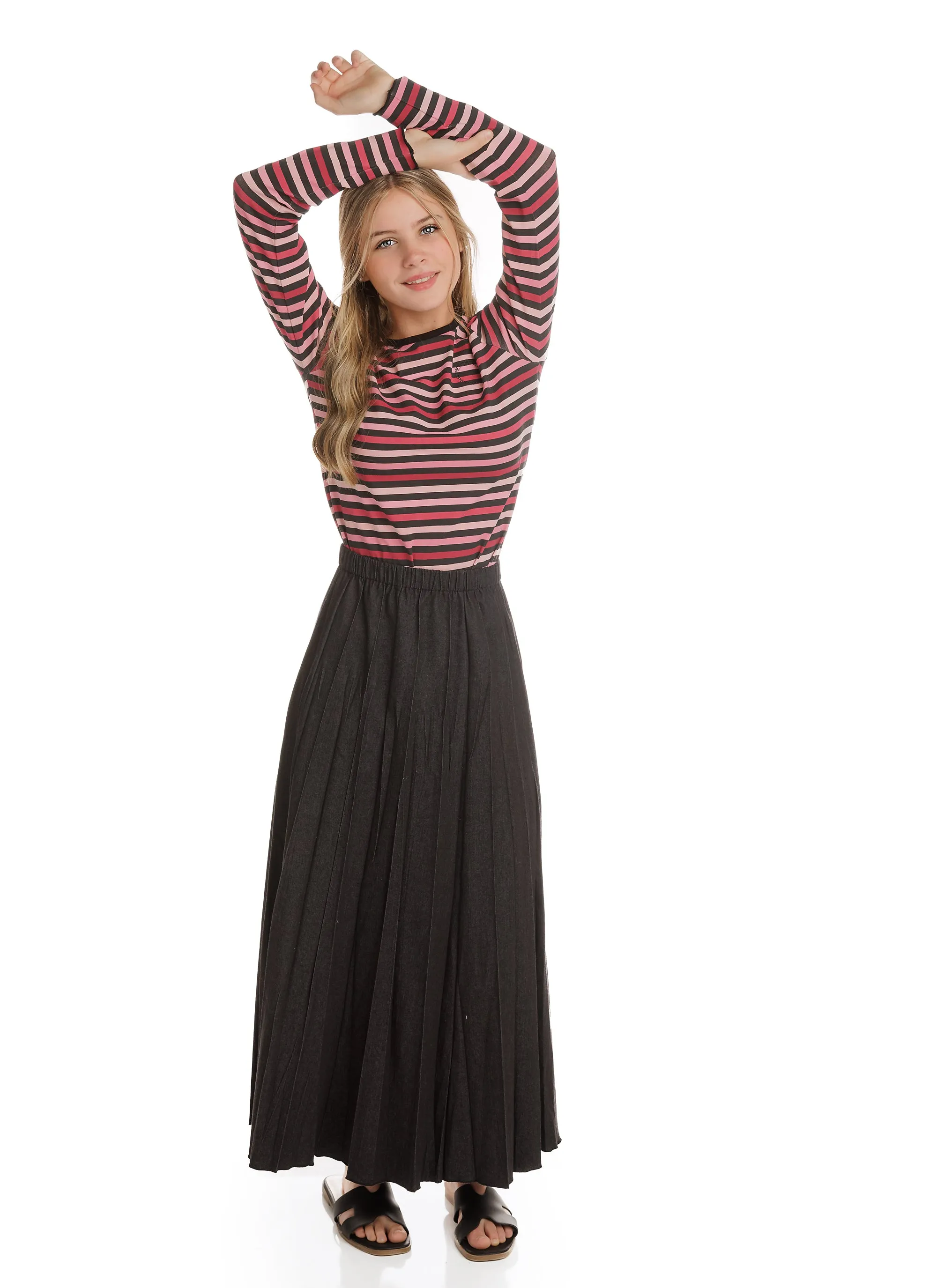 Pleated Black Denim Midi Skirt