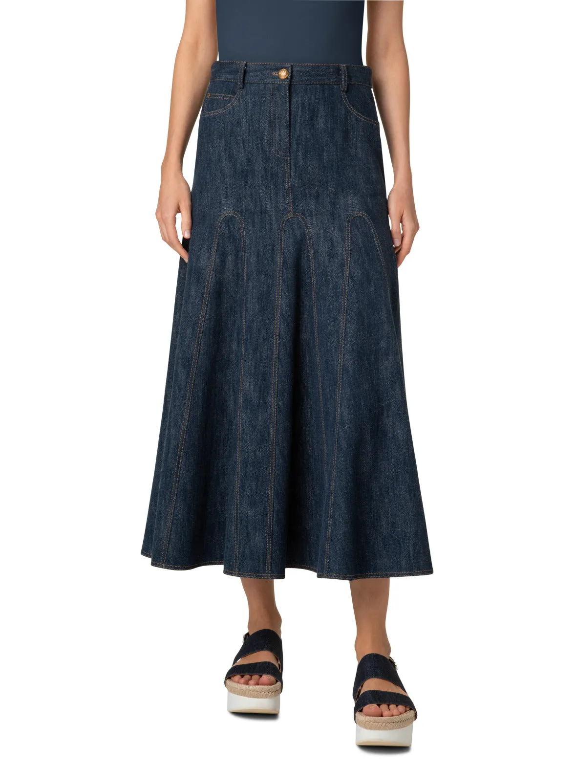 Pleated Denim Midi Skirt