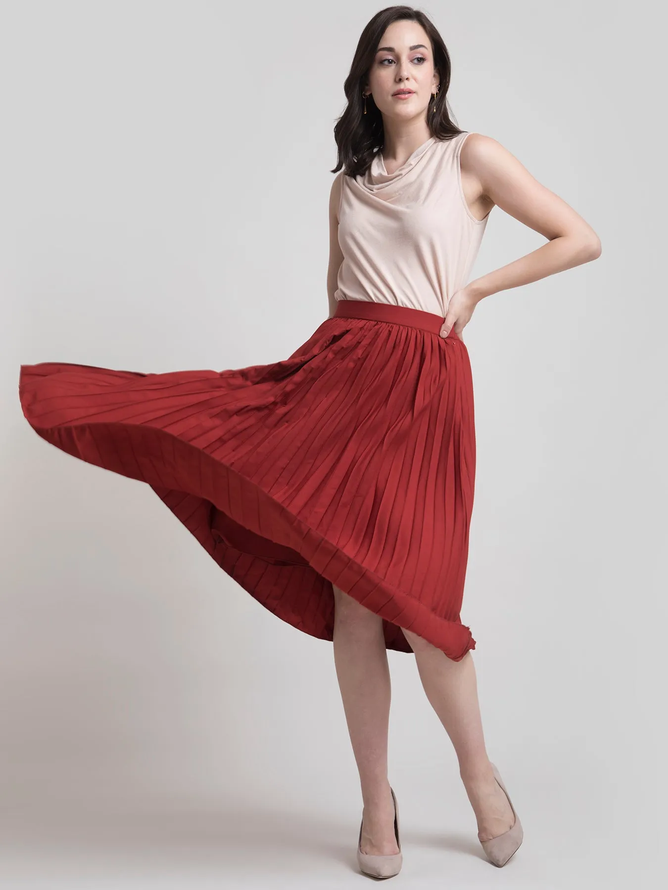 Pleated Flared Midi Skirt - Rust