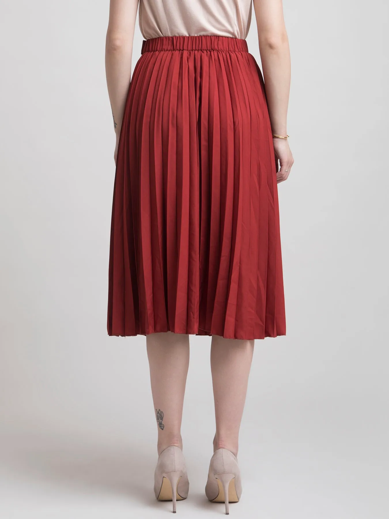 Pleated Flared Midi Skirt - Rust