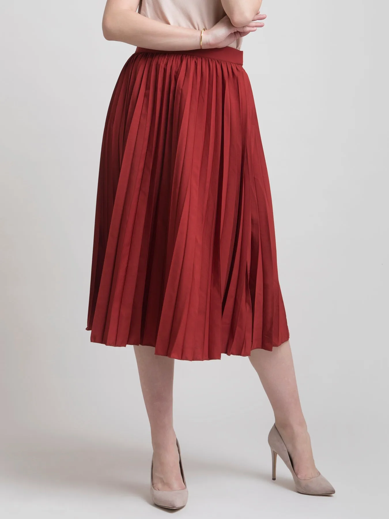 Pleated Flared Midi Skirt - Rust