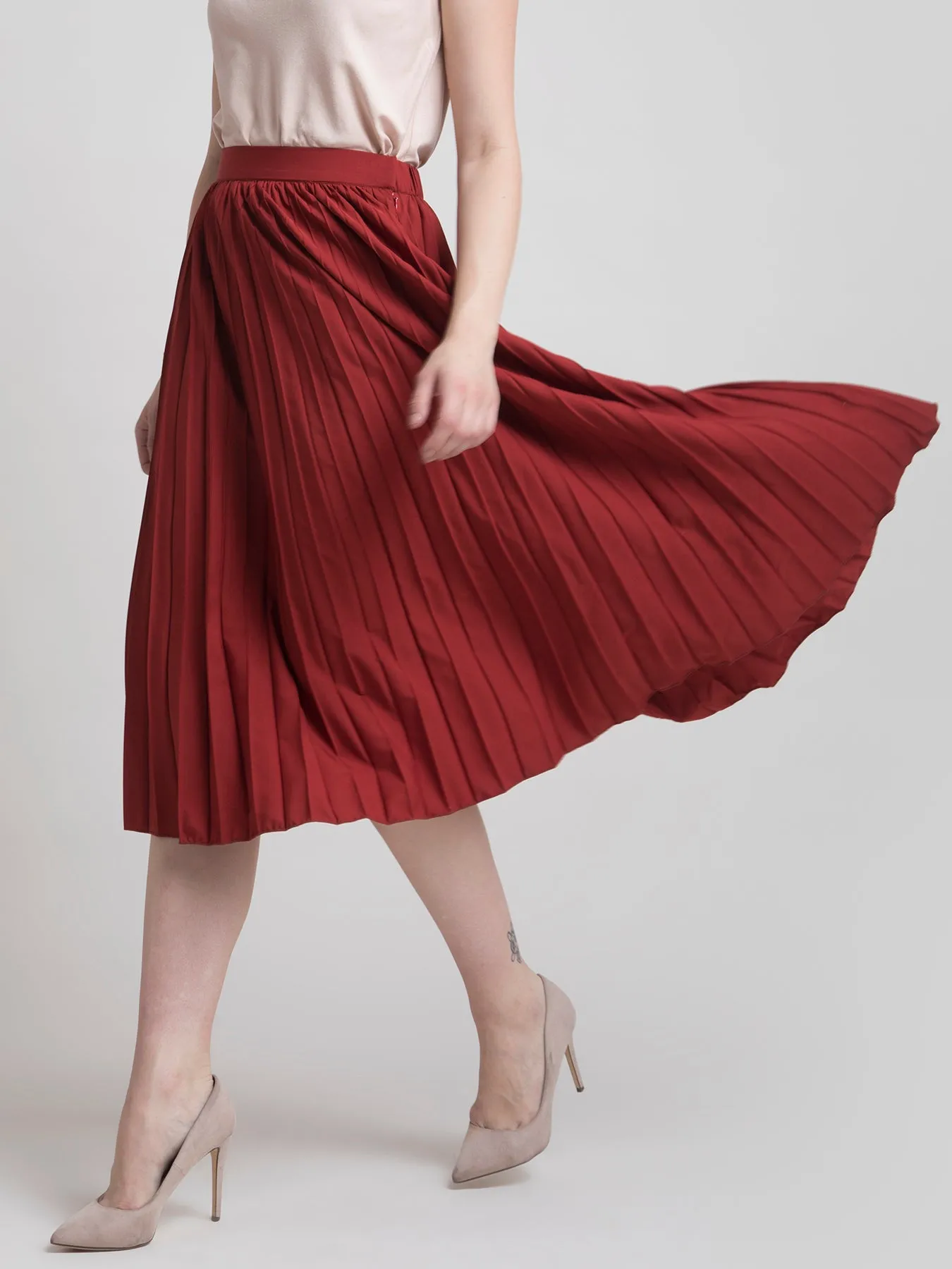 Pleated Flared Midi Skirt - Rust