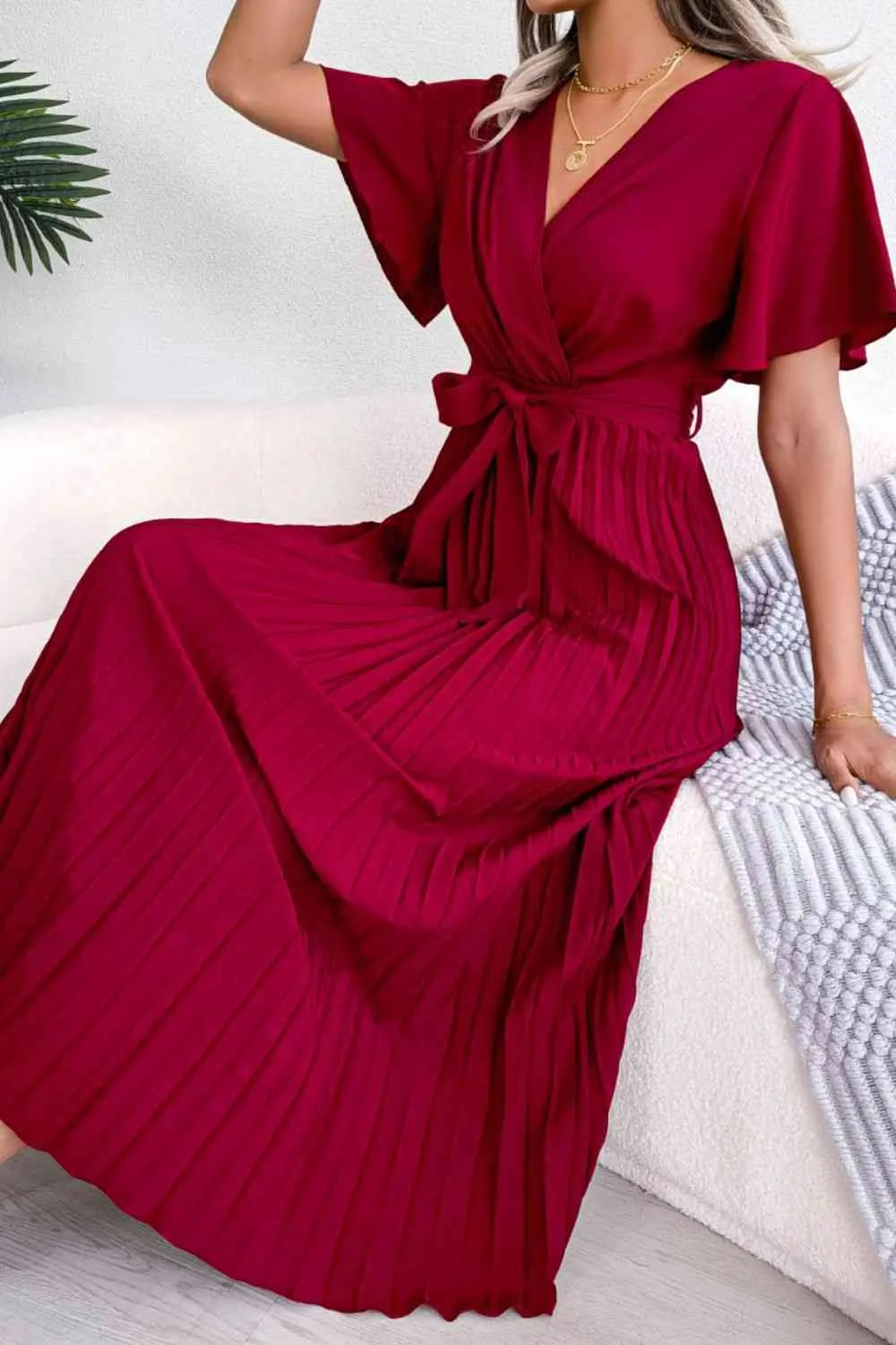 Pleated Flutter Sleeve Belted Dress