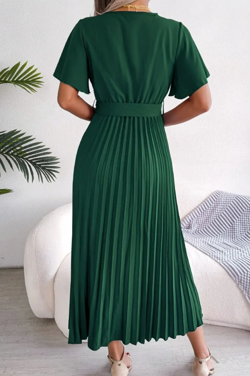 Pleated Flutter Sleeve Belted Dress