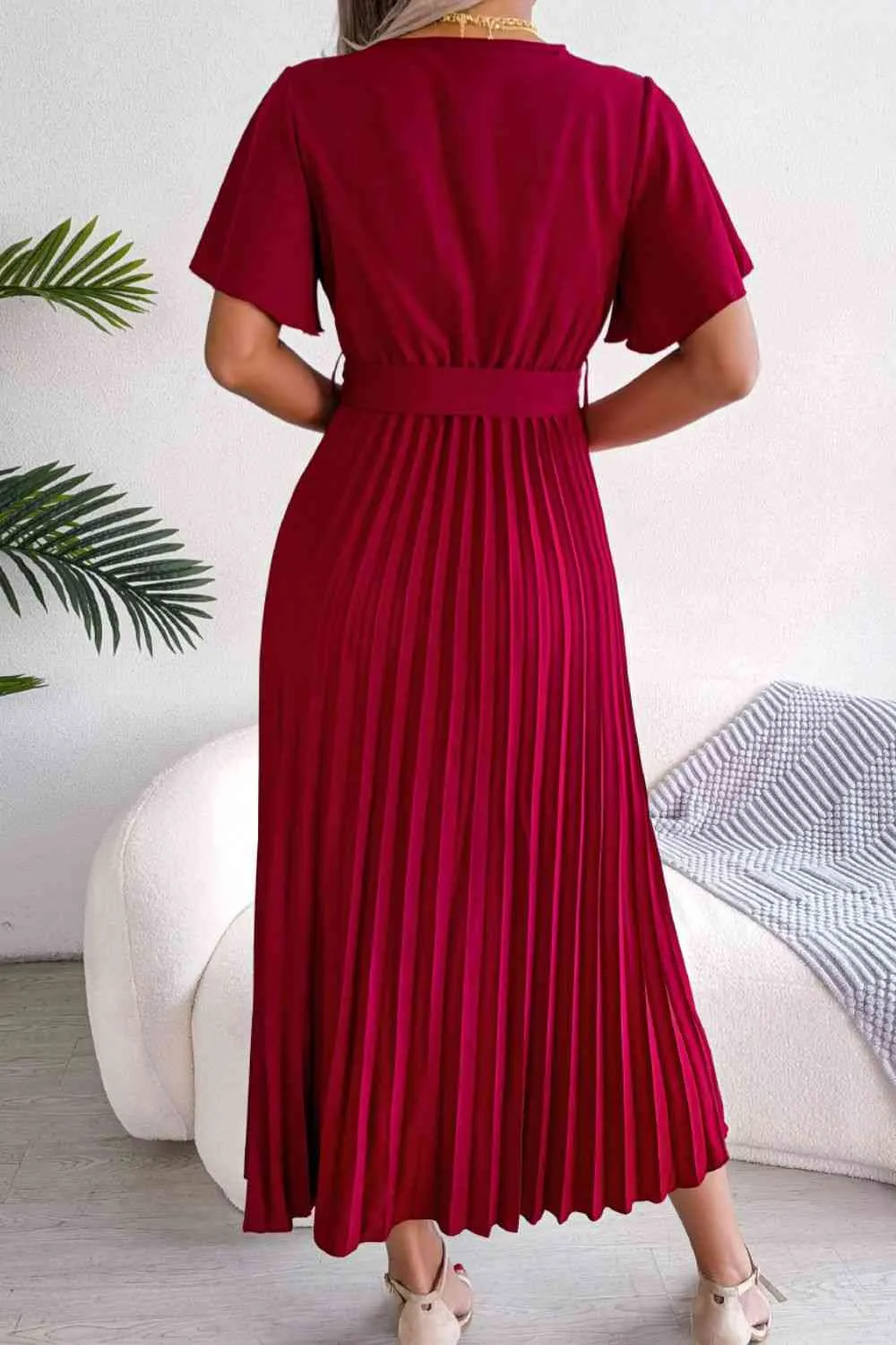 Pleated Flutter Sleeve Belted Dress