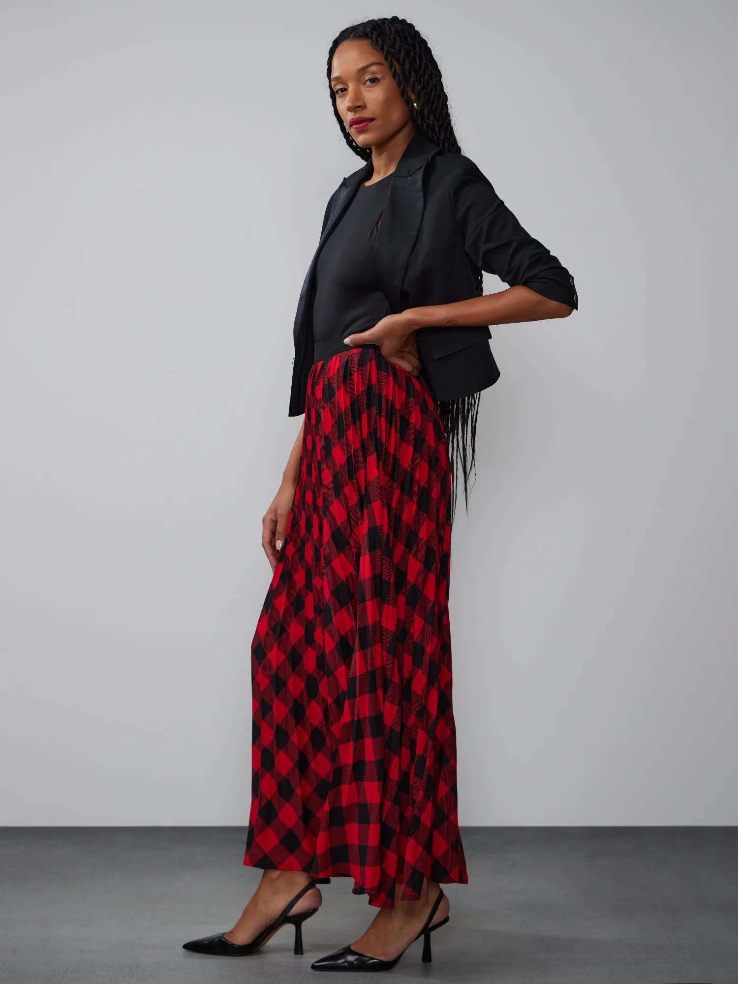 Pleated Plaid Maxi Skirt