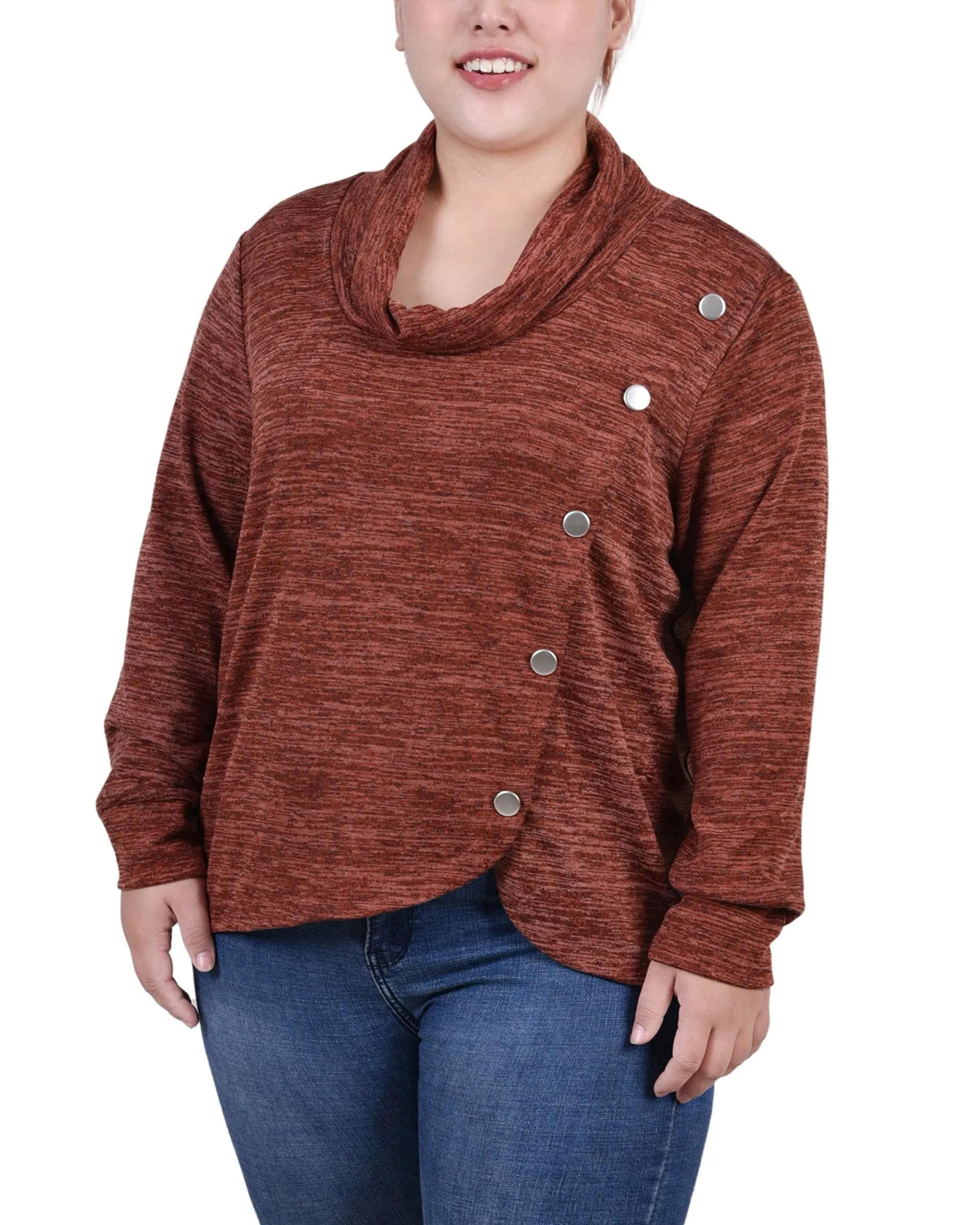 Plus Size Long Sleeve Overlapping Cowl Neck Top