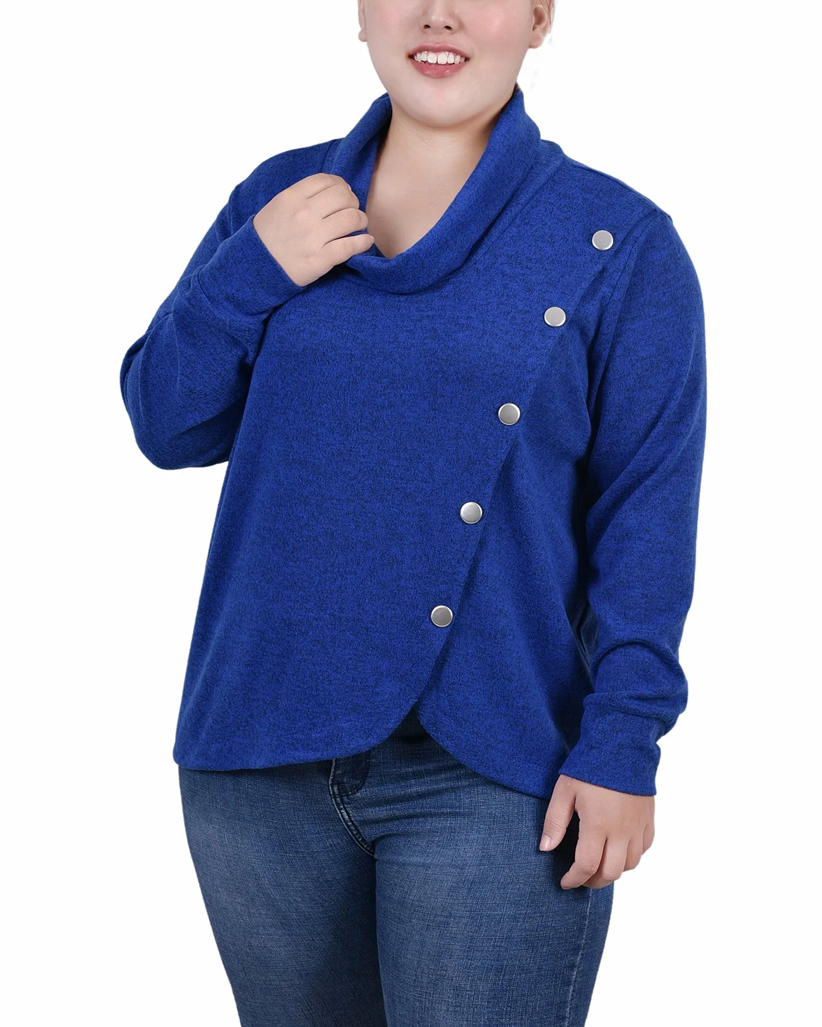 Plus Size Long Sleeve Overlapping Cowl Neck Top