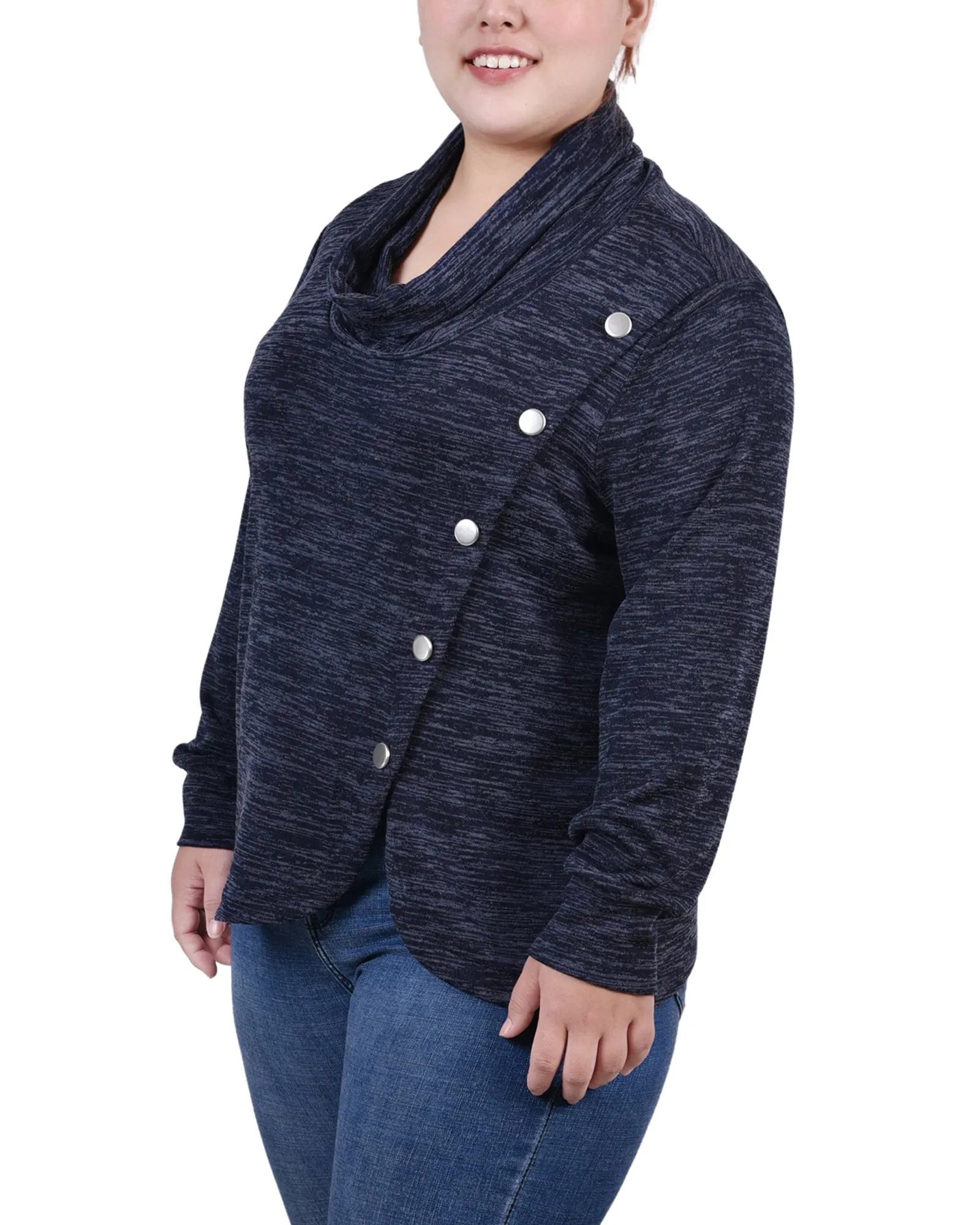 Plus Size Long Sleeve Overlapping Cowl Neck Top