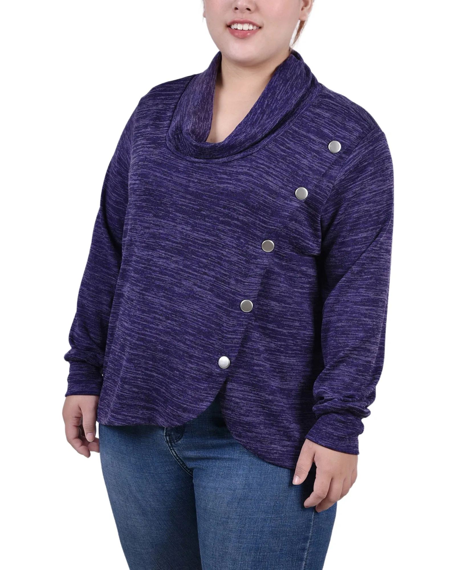 Plus Size Long Sleeve Overlapping Cowl Neck Top