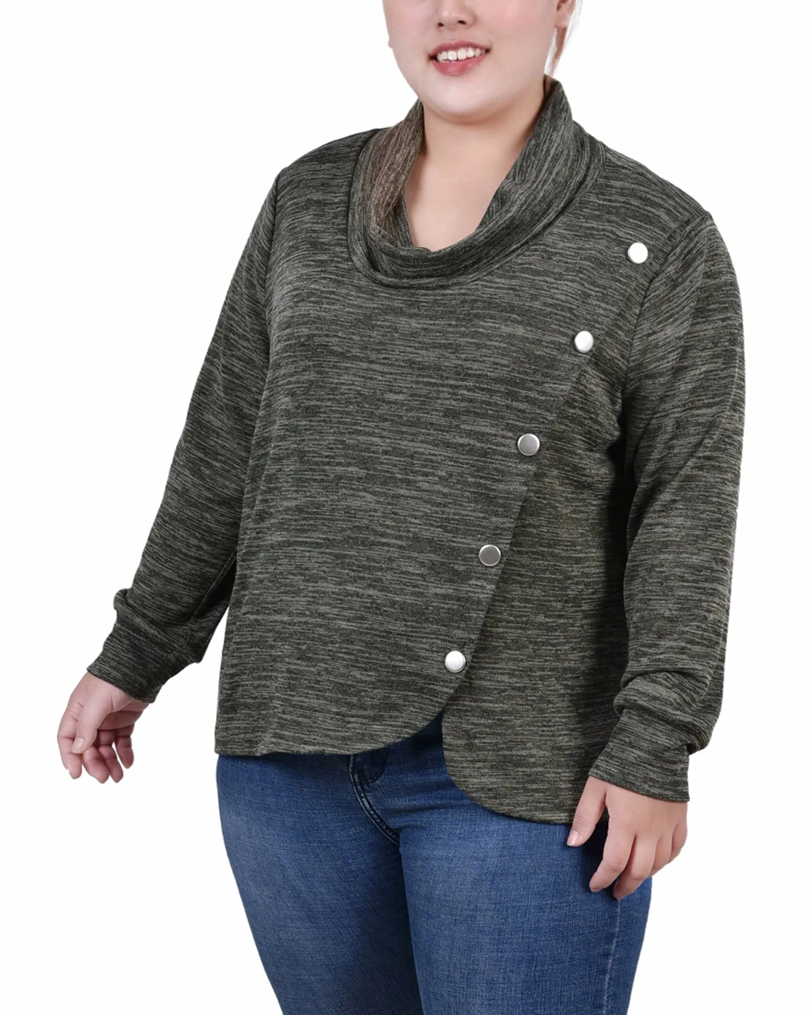 Plus Size Long Sleeve Overlapping Cowl Neck Top