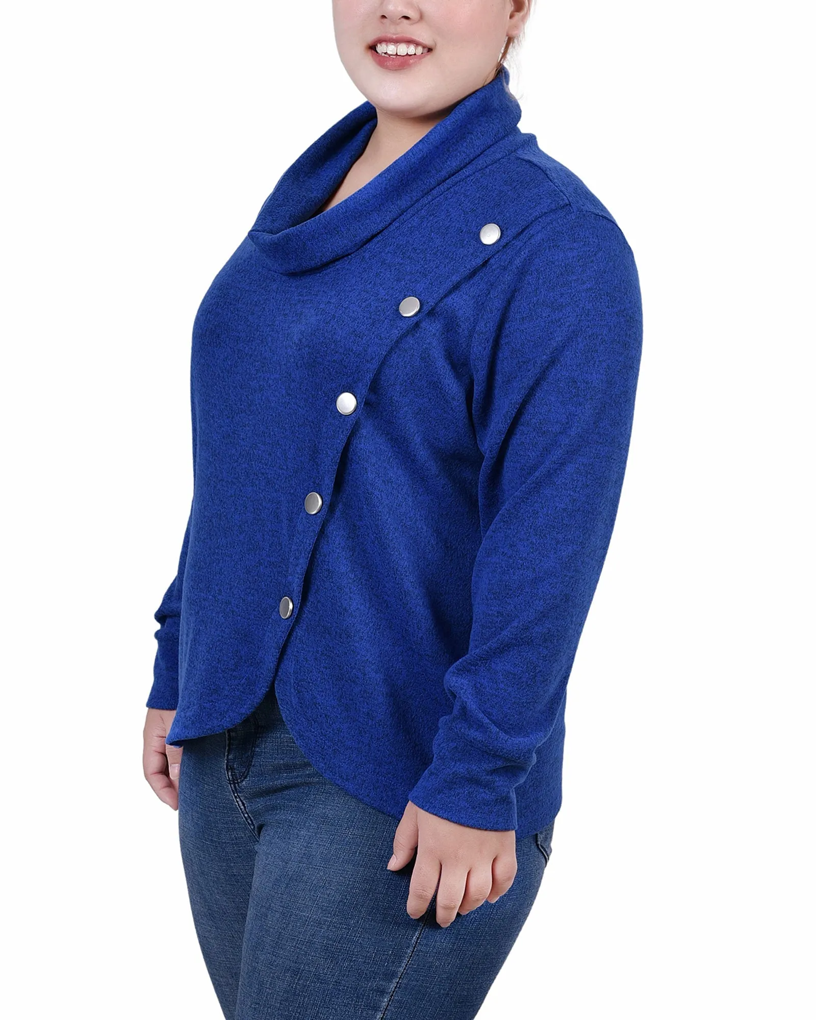 Plus Size Long Sleeve Overlapping Cowl Neck Top