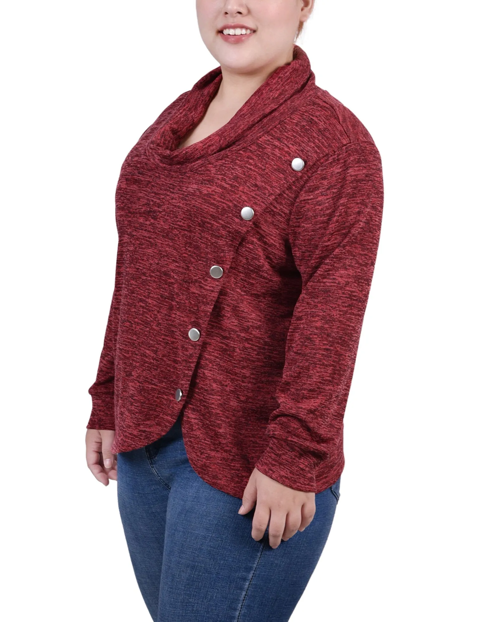 Plus Size Long Sleeve Overlapping Cowl Neck Top