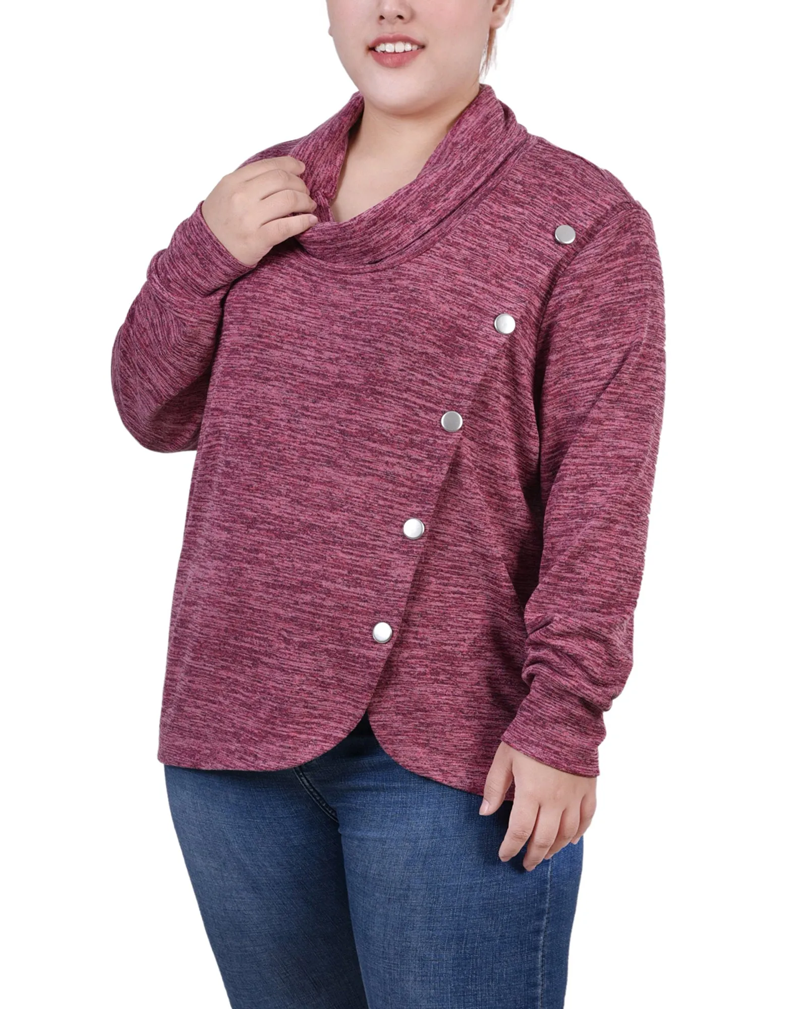 Plus Size Long Sleeve Overlapping Cowl Neck Top