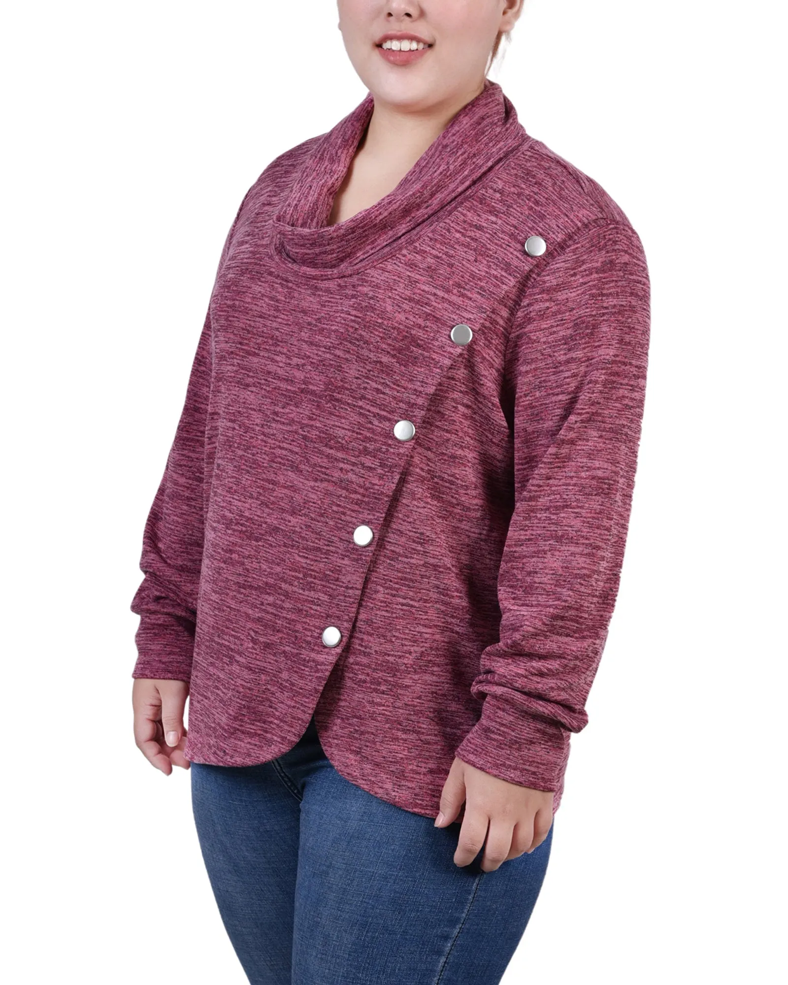 Plus Size Long Sleeve Overlapping Cowl Neck Top