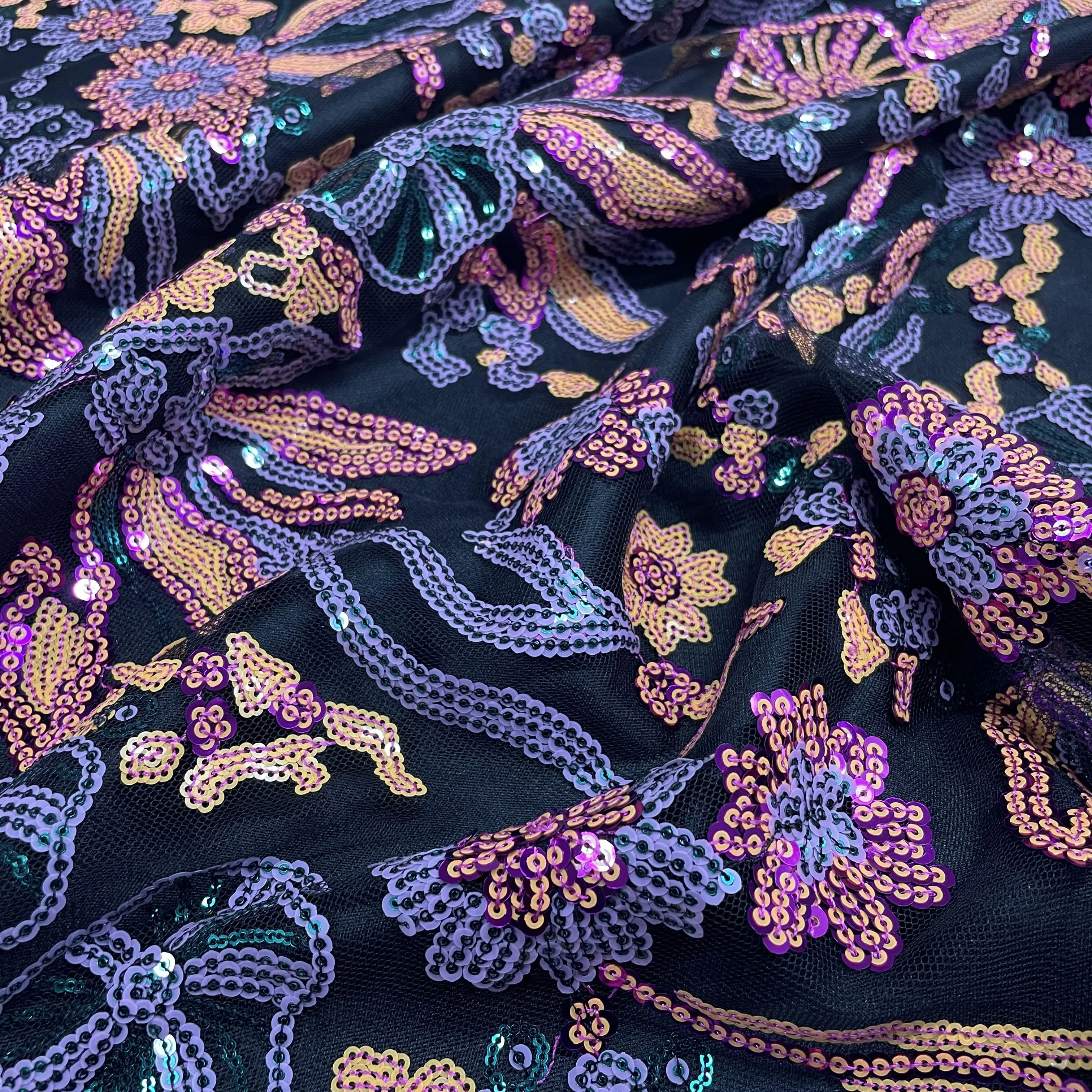 Premium Black & Mulitcolor Floral Sequence Thread Embroidery Net fabric