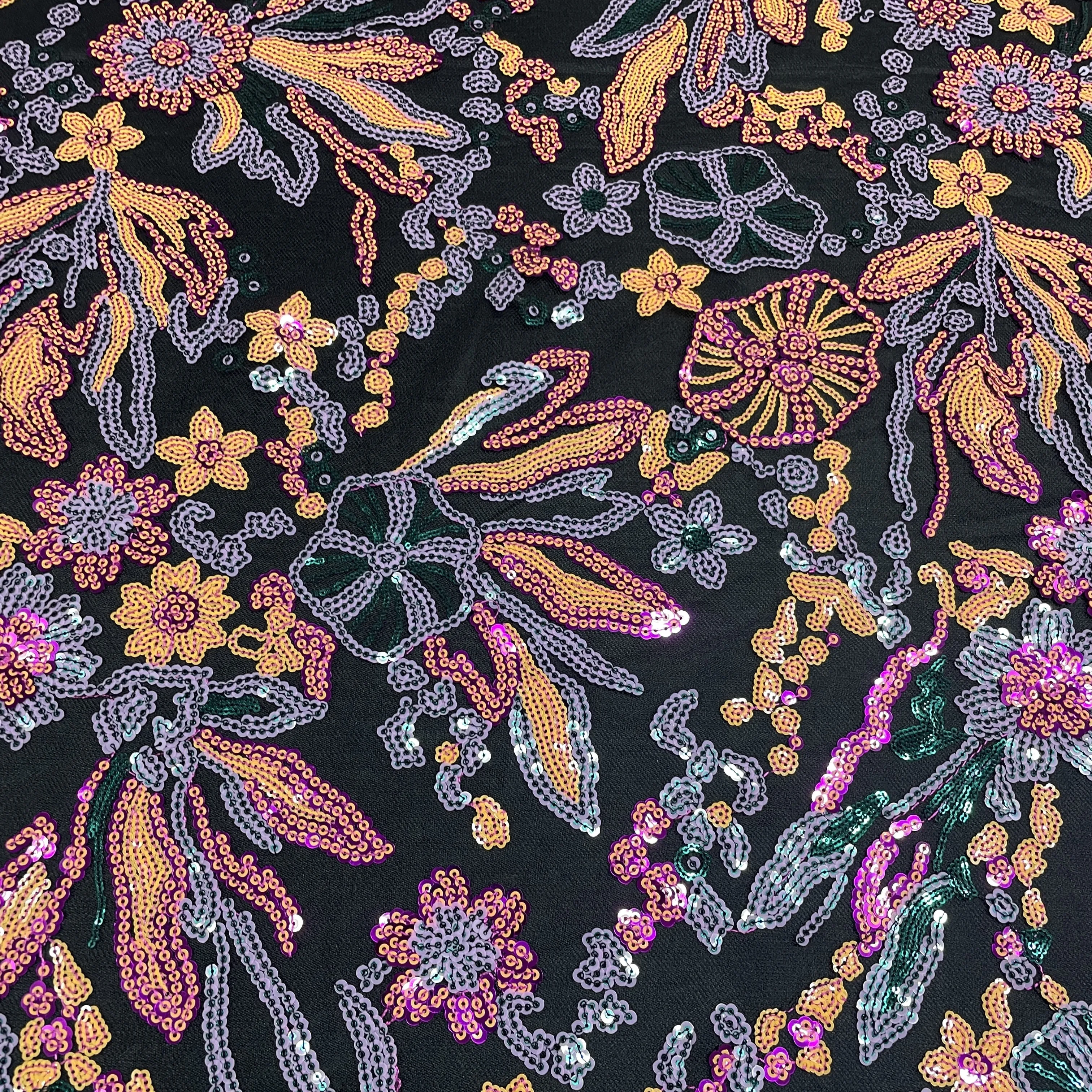 Premium Black & Mulitcolor Floral Sequence Thread Embroidery Net fabric