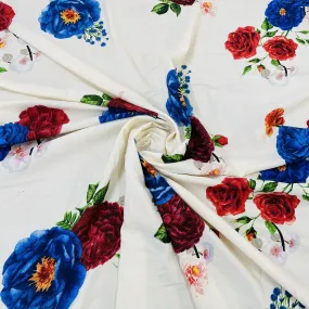 Premium Cream Multicolor Floral Print Satin Fabric