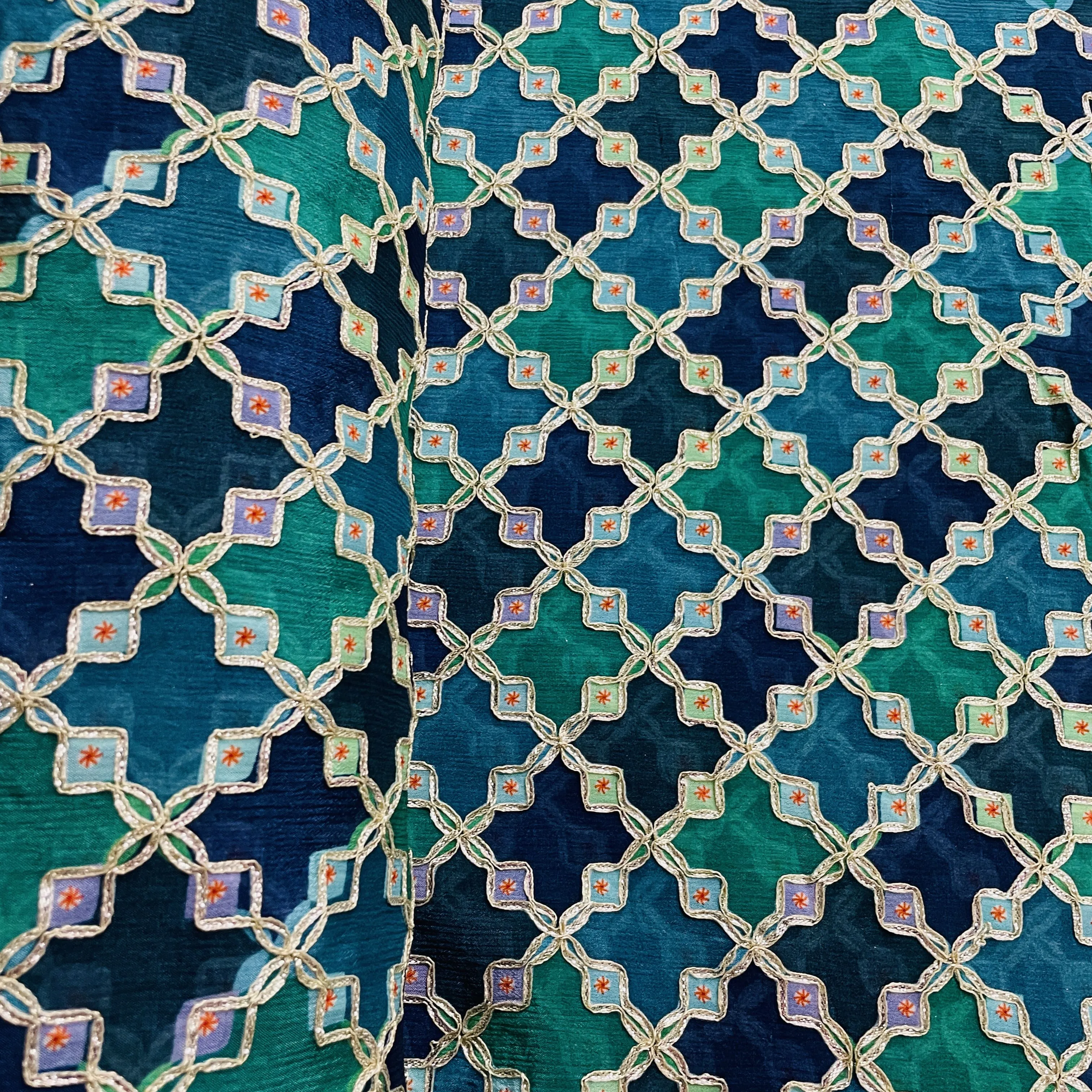 Premium Green Geometrical Gota Work Chinnon Fabric