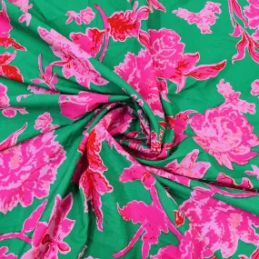 Premium Green Pink Floral Print Satin Fabric