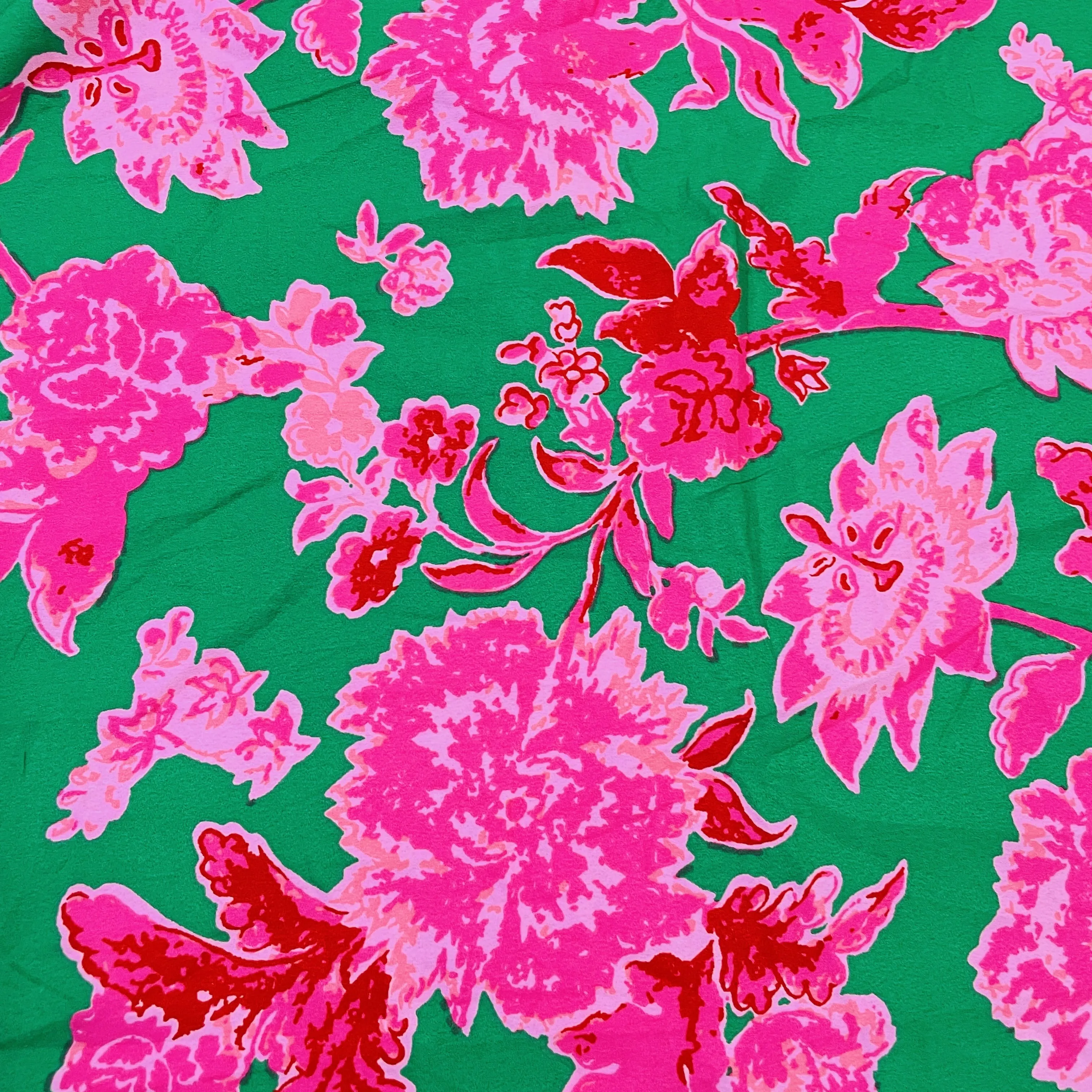 Premium Green Pink Floral Print Satin Fabric