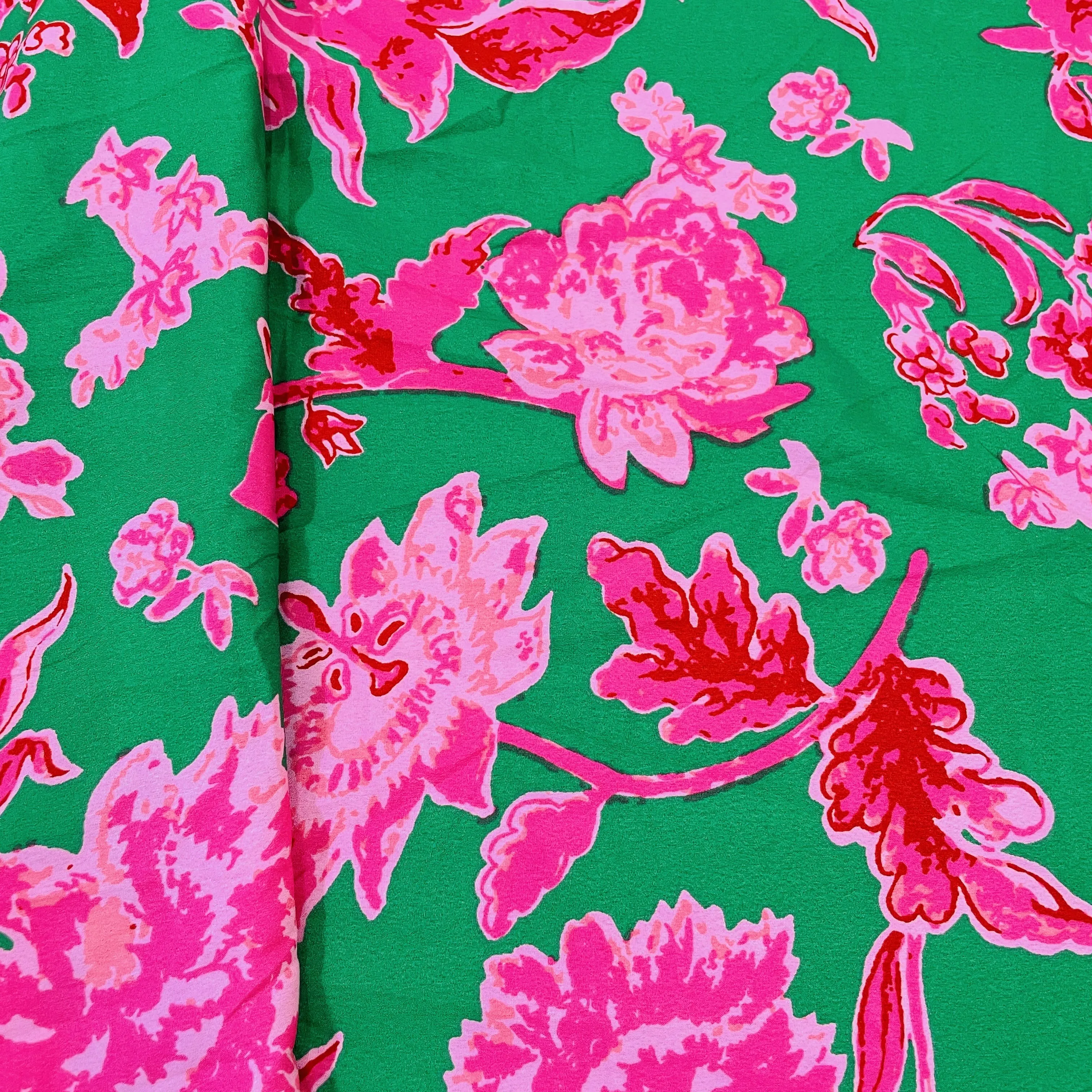 Premium Green Pink Floral Print Satin Fabric