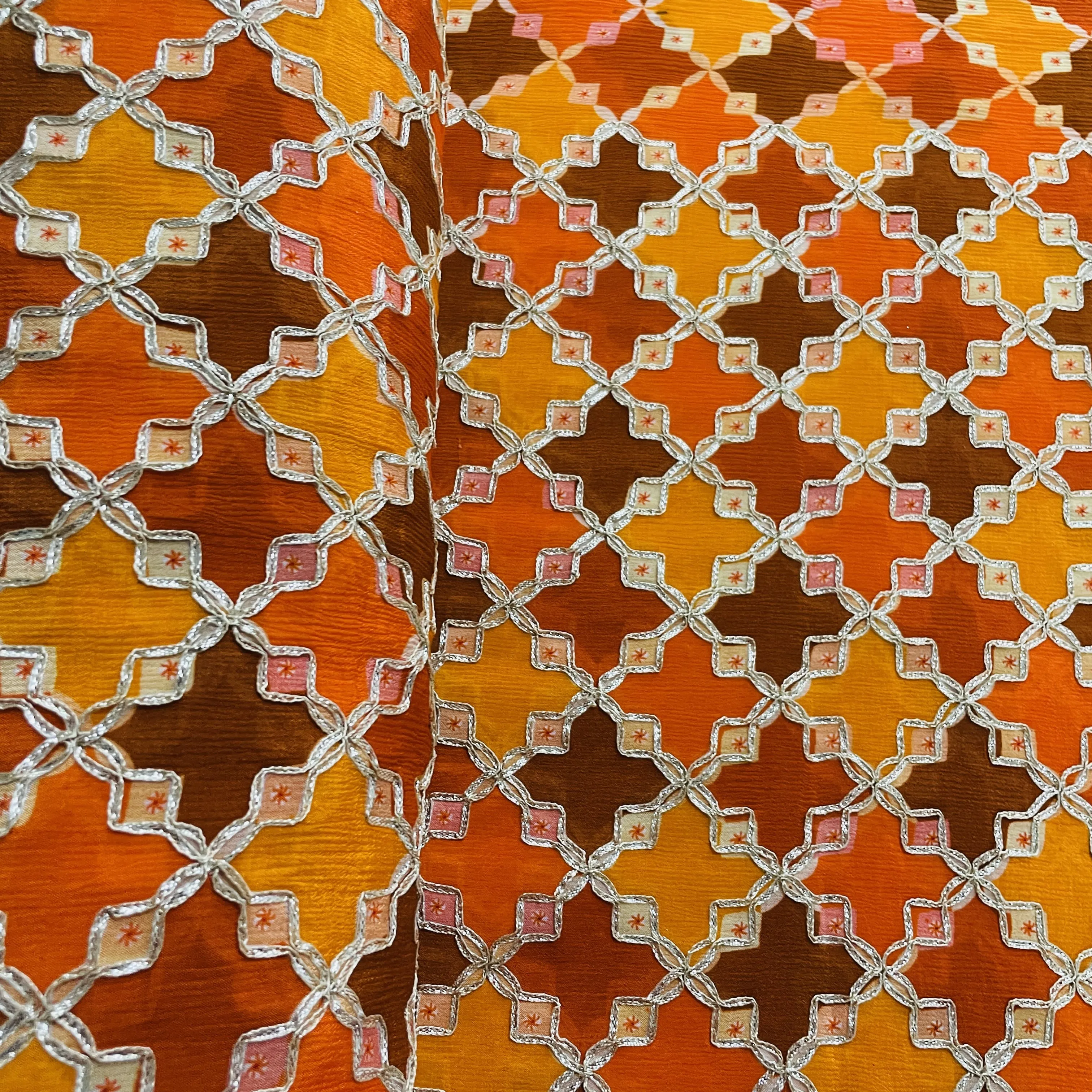 Premium Orange Geometrical Gota Work Chinnon Fabric