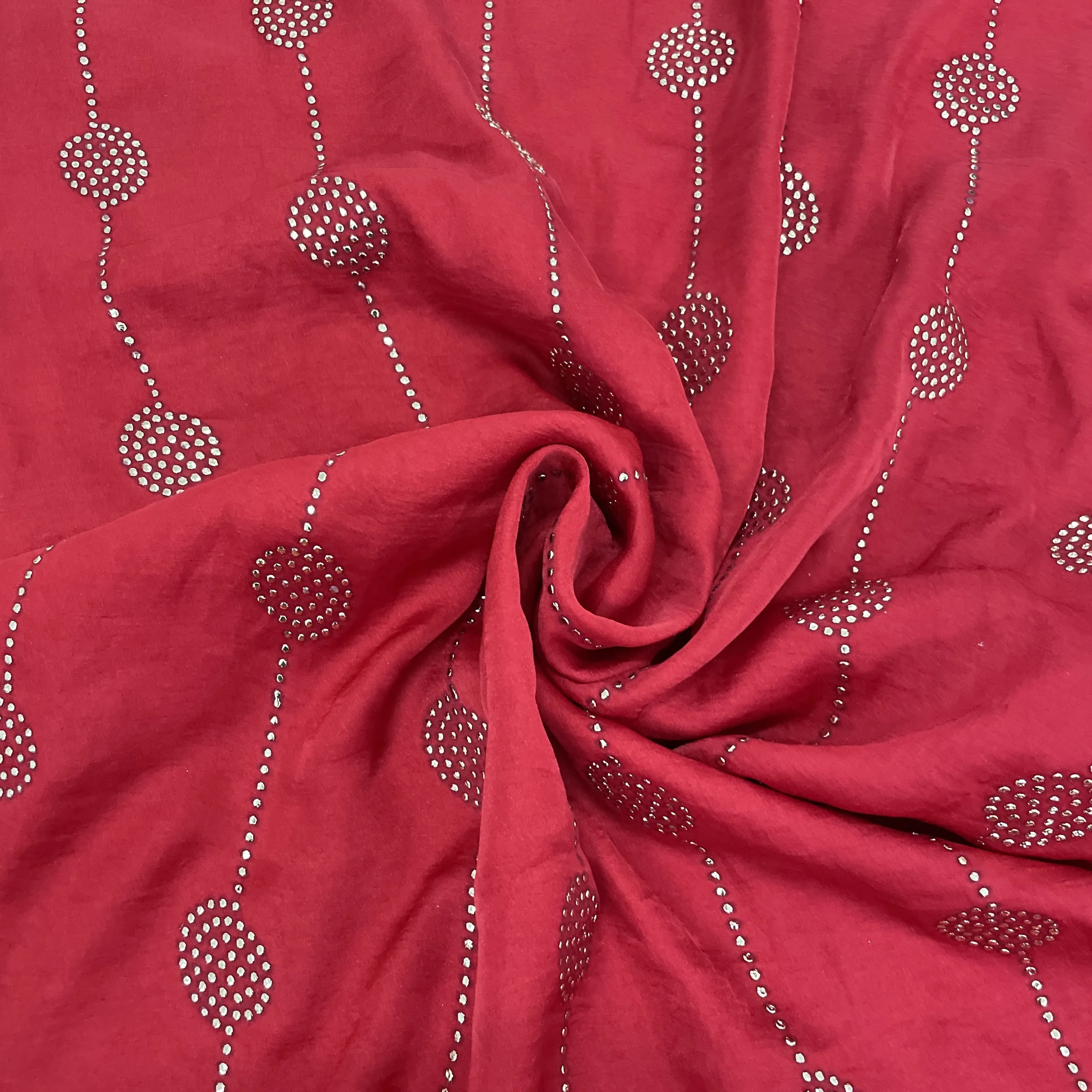 Premium Red Mukaish Work Bemberg Silk Fabric