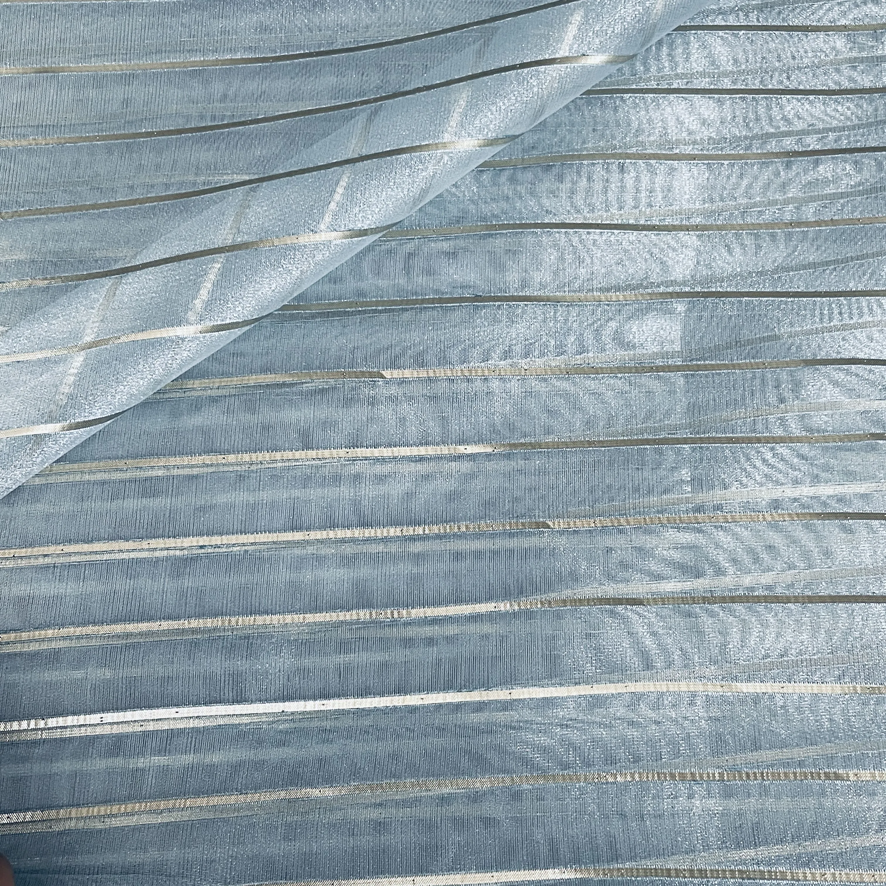 Premium Sky Blue Gold Stripes Organza Zari Fabric