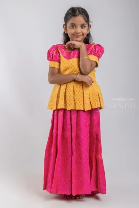 Premium Yellow Brocade Designer Pleated Blouse And Pink Floral Designer Silk Skirt For Girls