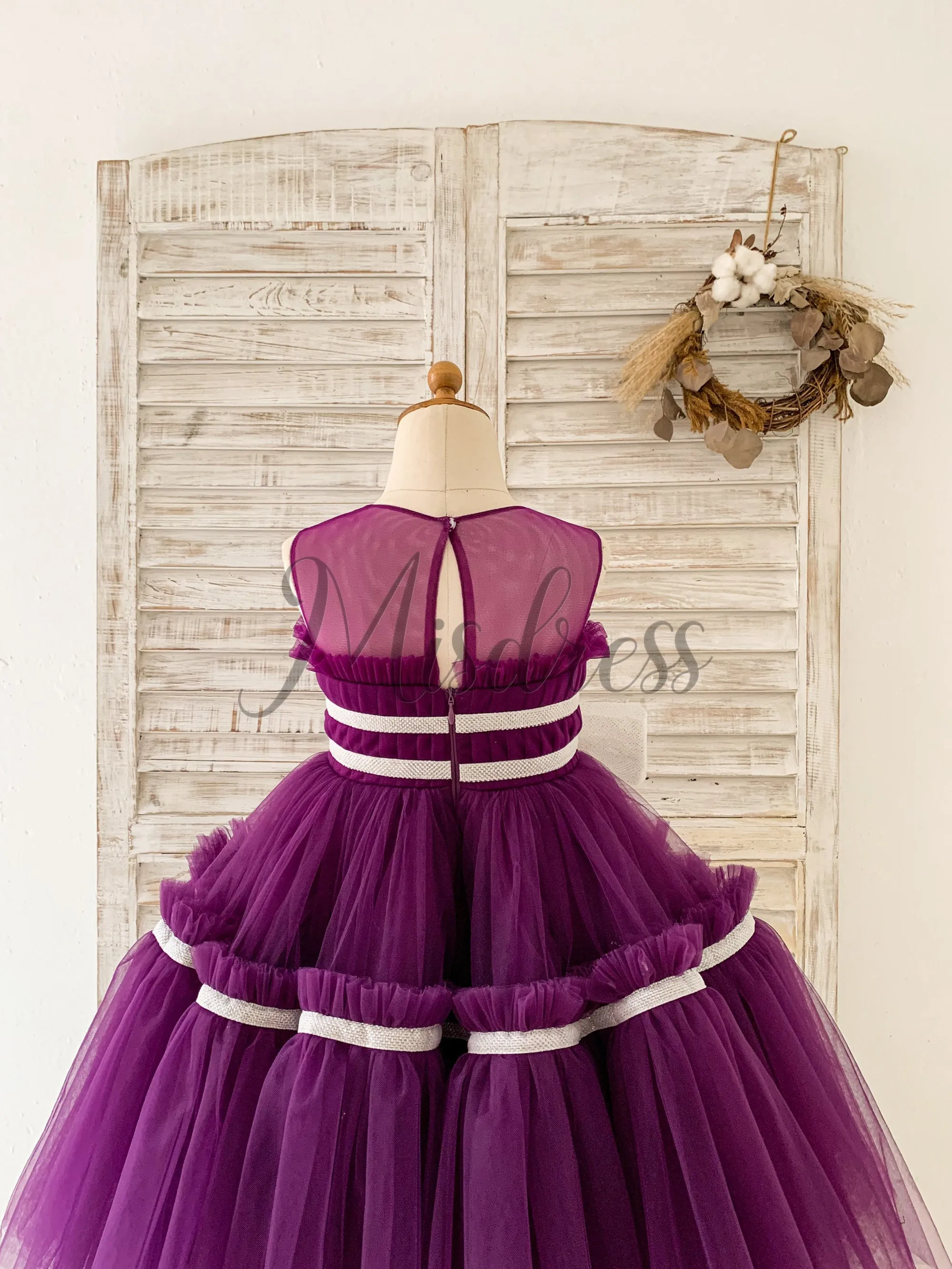 Princess Sheer Neck Pleated Purple Tulle Wedding Flower Girl Dress, Bow