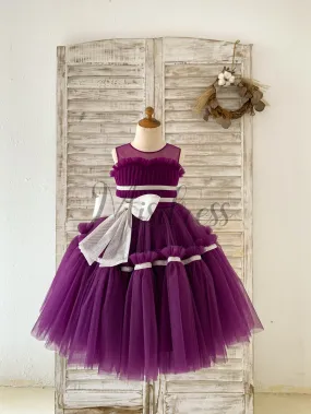 Princess Sheer Neck Pleated Purple Tulle Wedding Flower Girl Dress, Bow