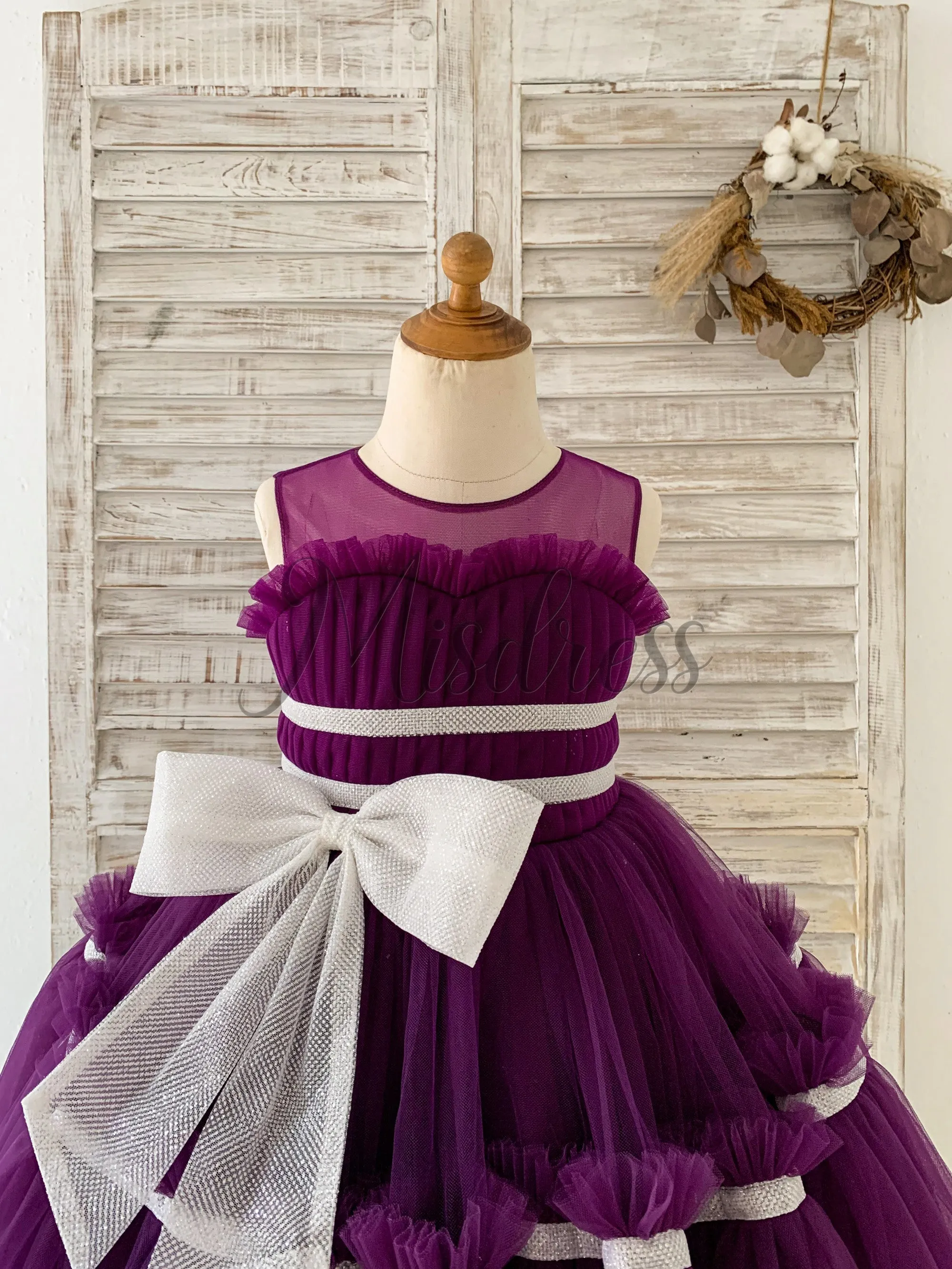 Princess Sheer Neck Pleated Purple Tulle Wedding Flower Girl Dress, Bow