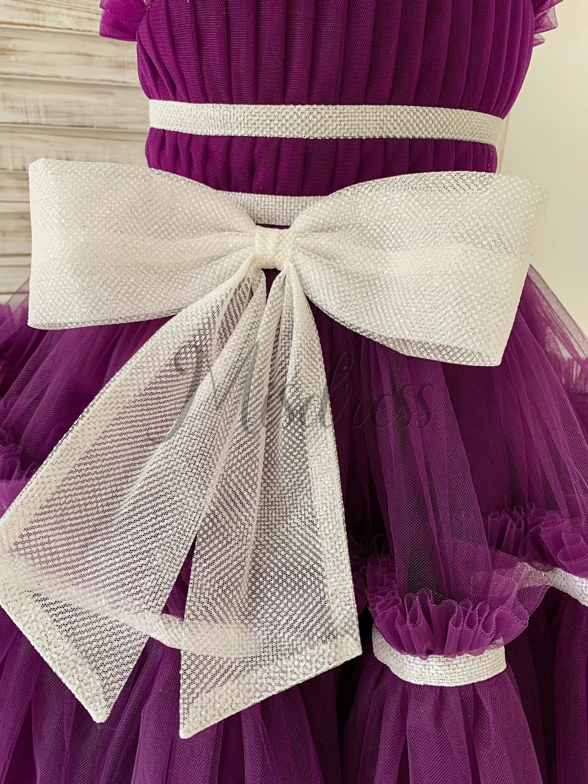 Princess Sheer Neck Pleated Purple Tulle Wedding Flower Girl Dress, Bow