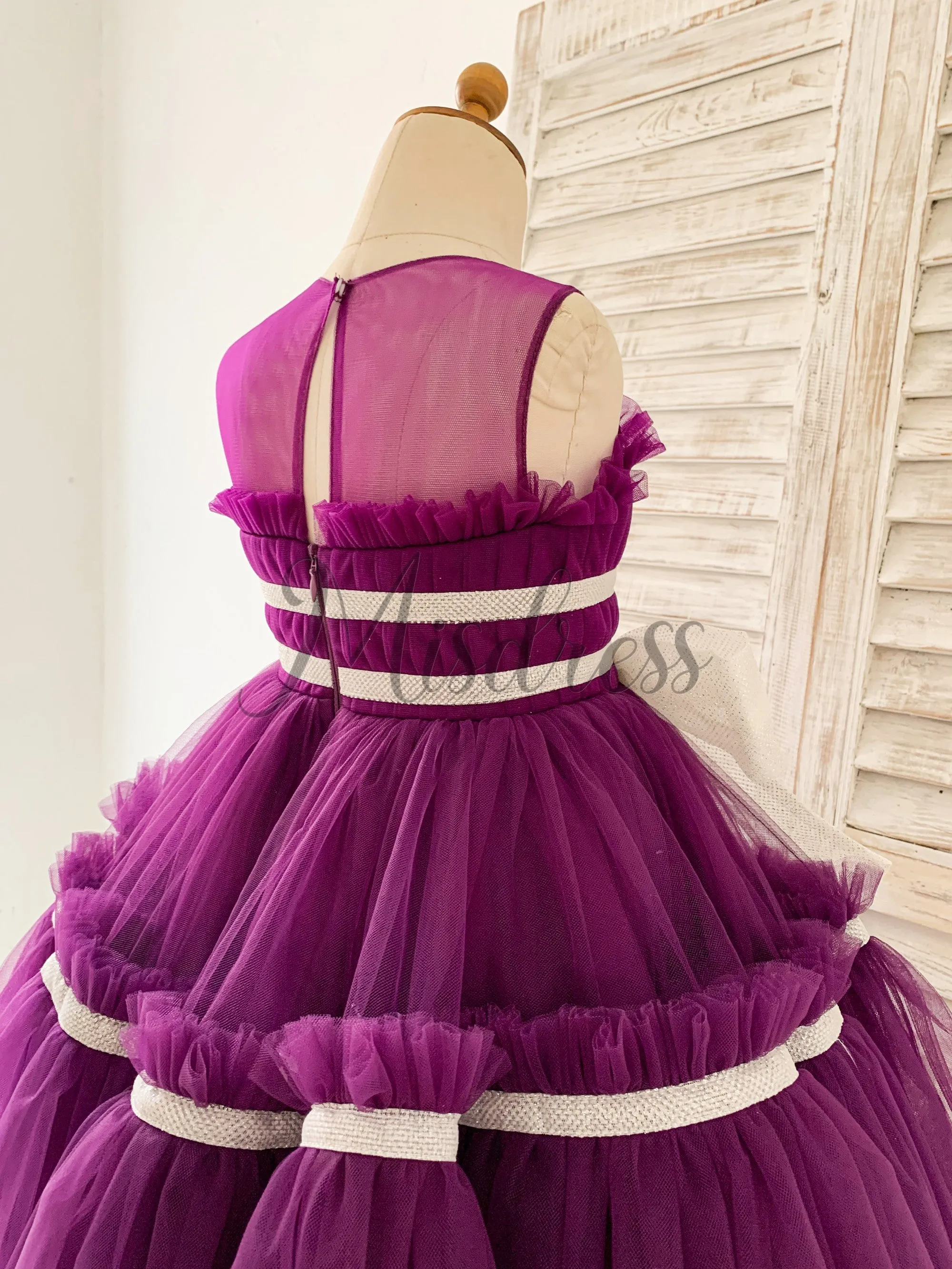 Princess Sheer Neck Pleated Purple Tulle Wedding Flower Girl Dress, Bow