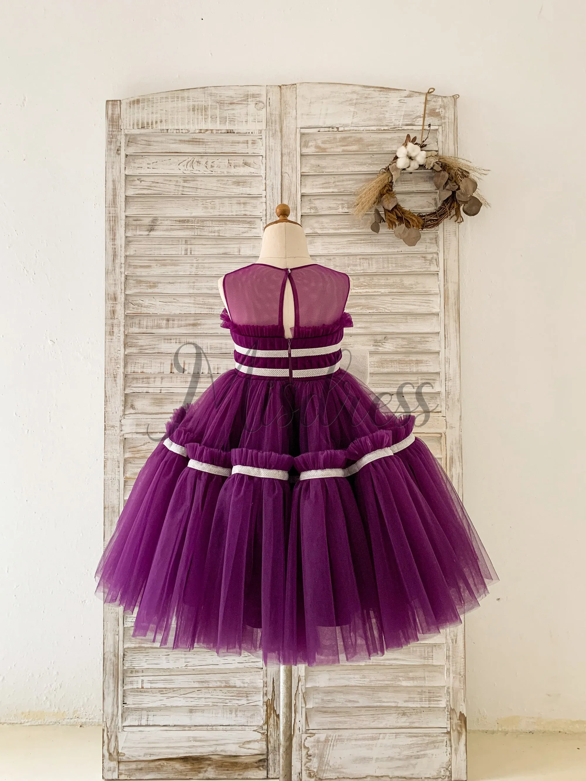 Princess Sheer Neck Pleated Purple Tulle Wedding Flower Girl Dress, Bow