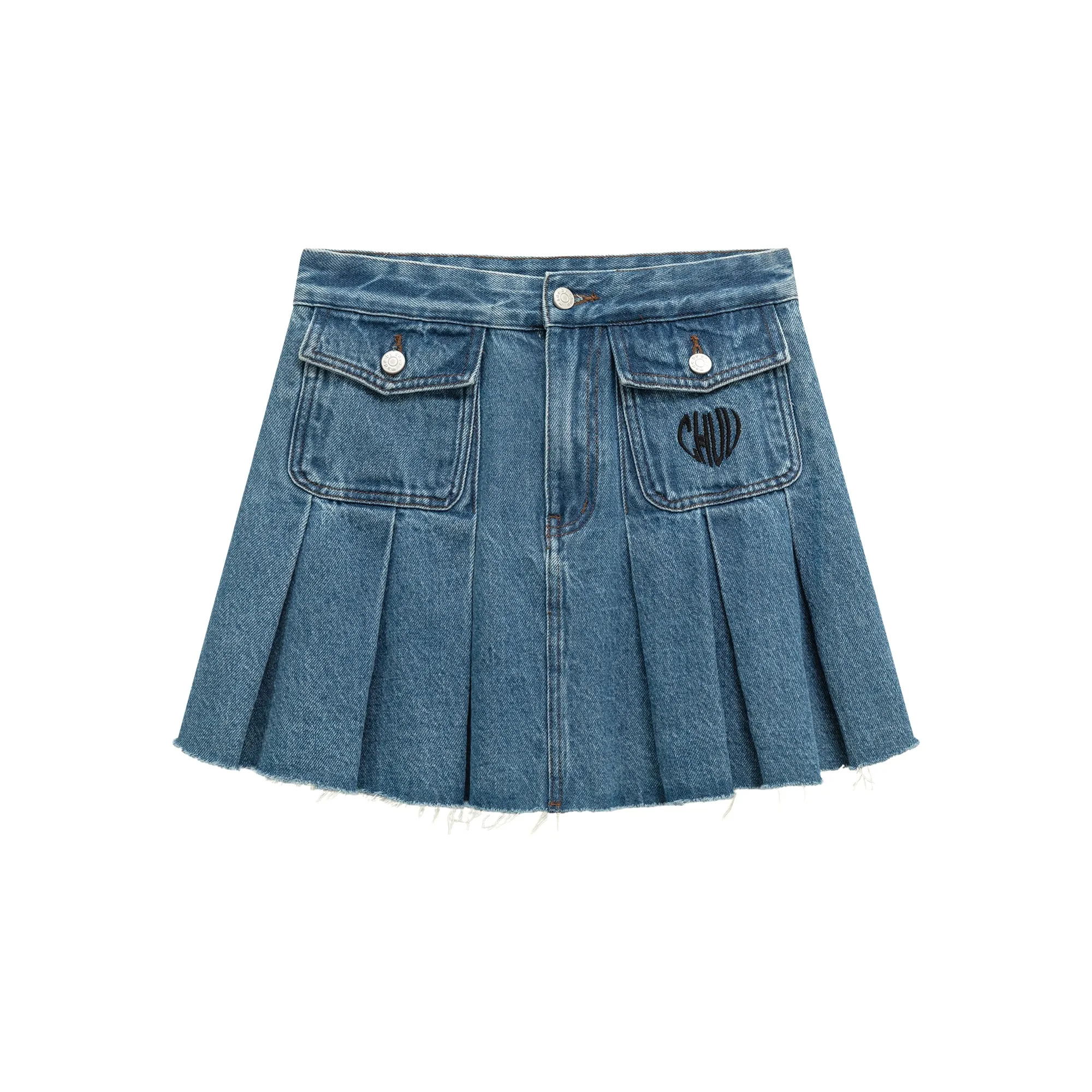 Raw Edge Pocket Denim Pleated Mini Skirt