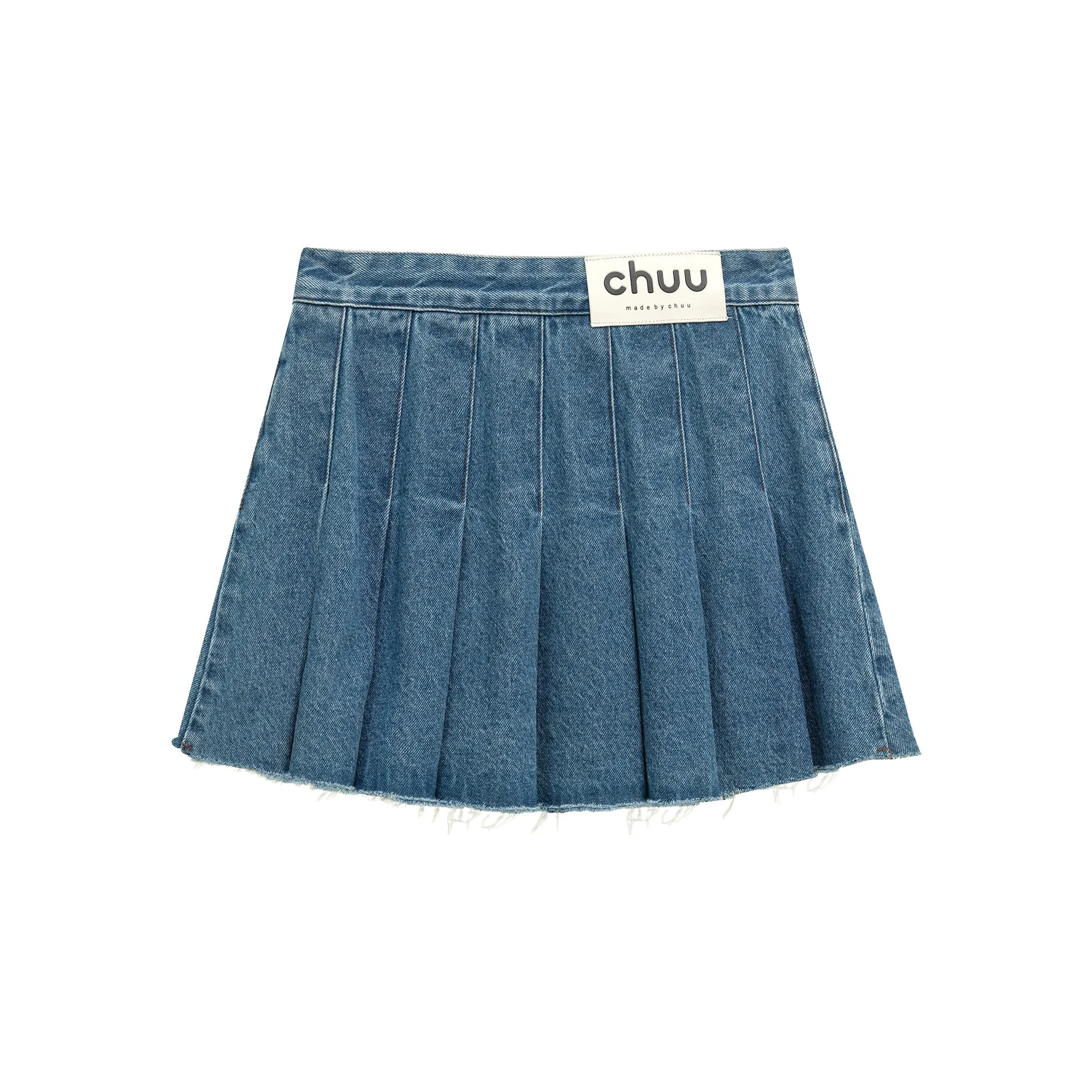 Raw Edge Pocket Denim Pleated Mini Skirt