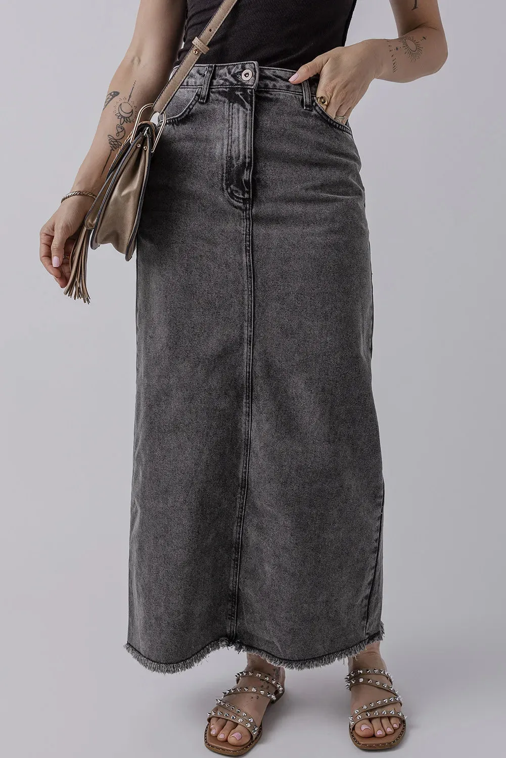 Raw Hem Denim Skirt with Pockets