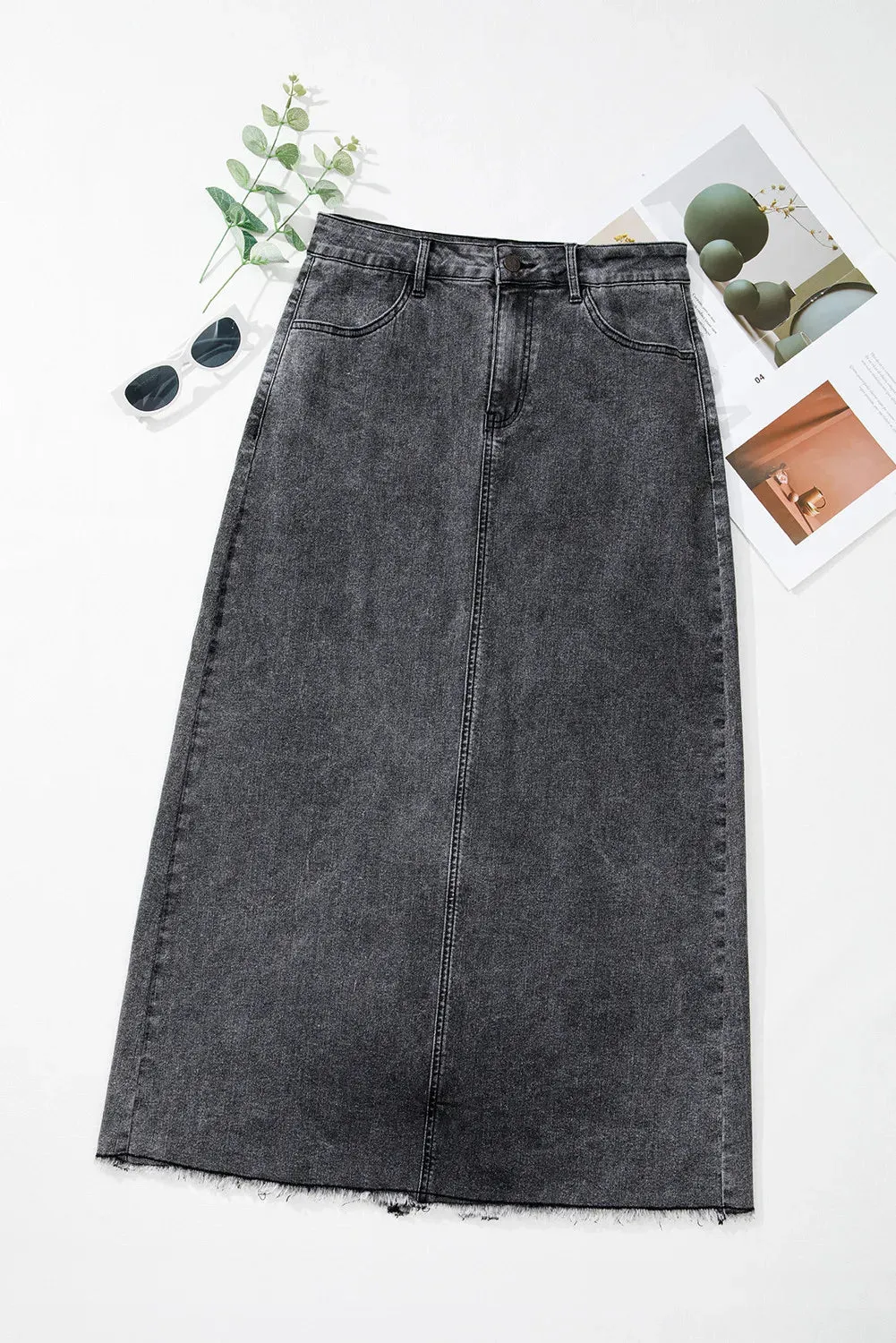 Raw Hem Denim Skirt with Pockets