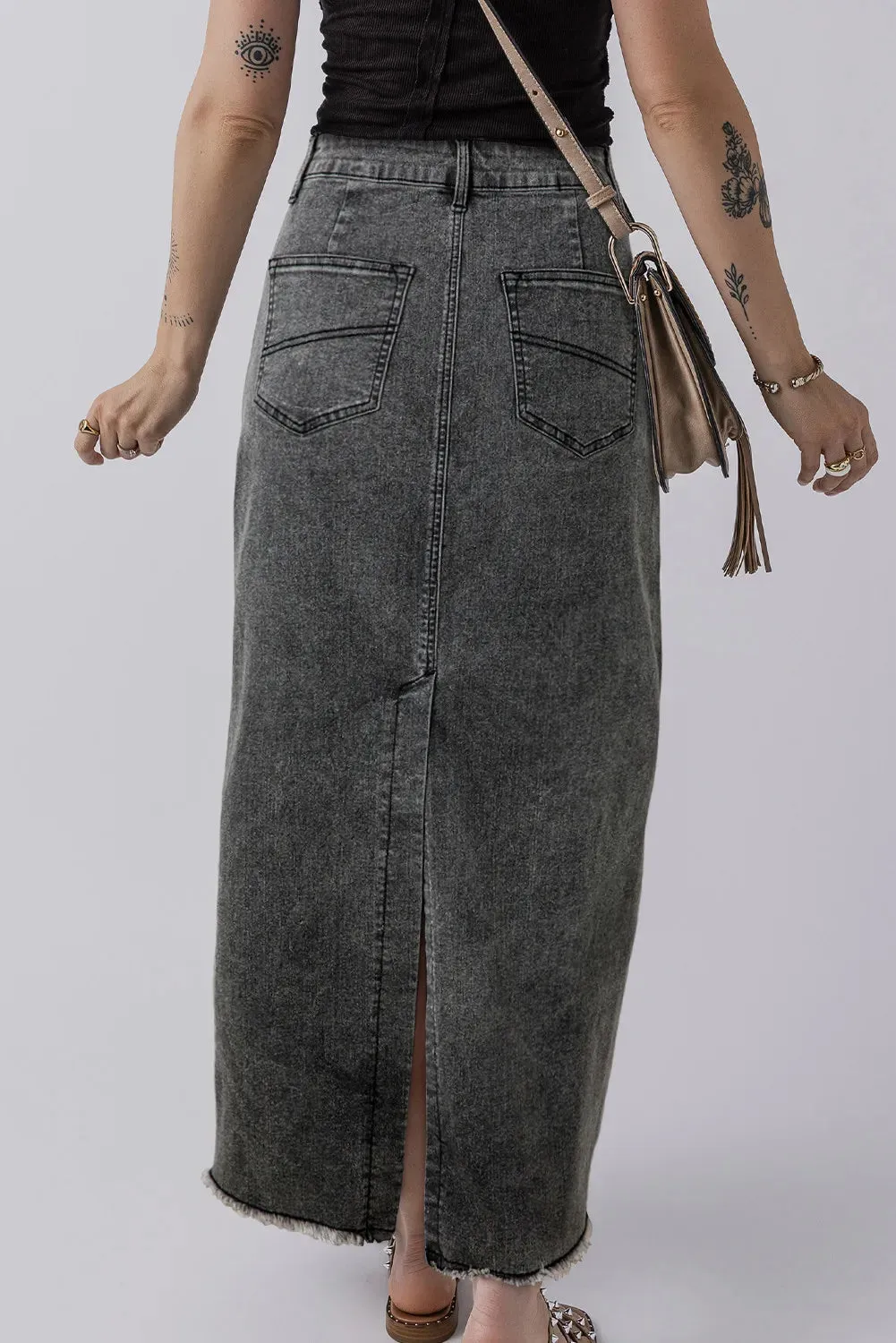 Raw Hem Denim Skirt with Pockets