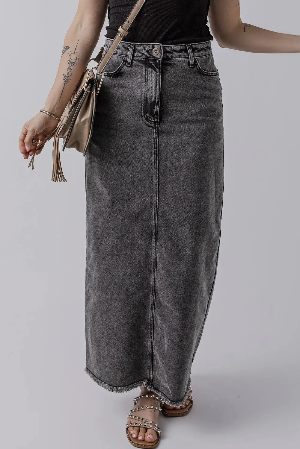 Raw Hem Denim Skirt with Pockets