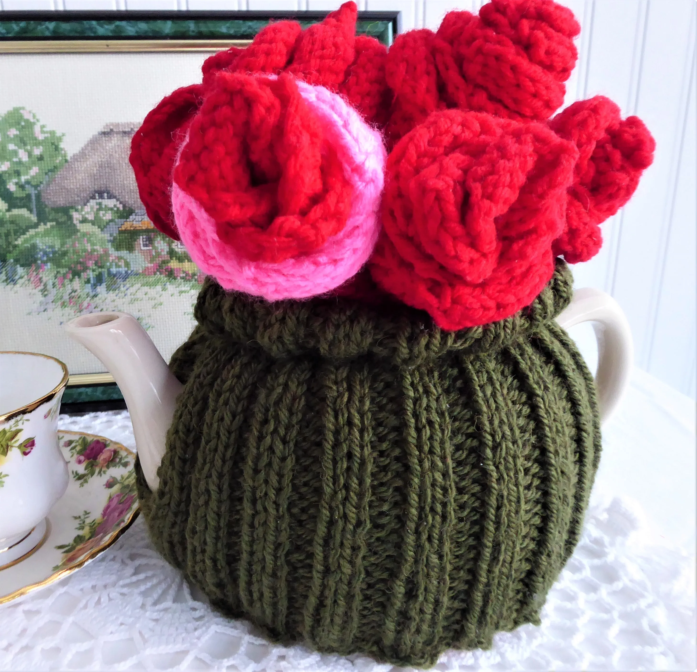 Red Roses Bouquet Knit Tea Cozy Hand Knitted Cosy Medium Stretchy US Artisan