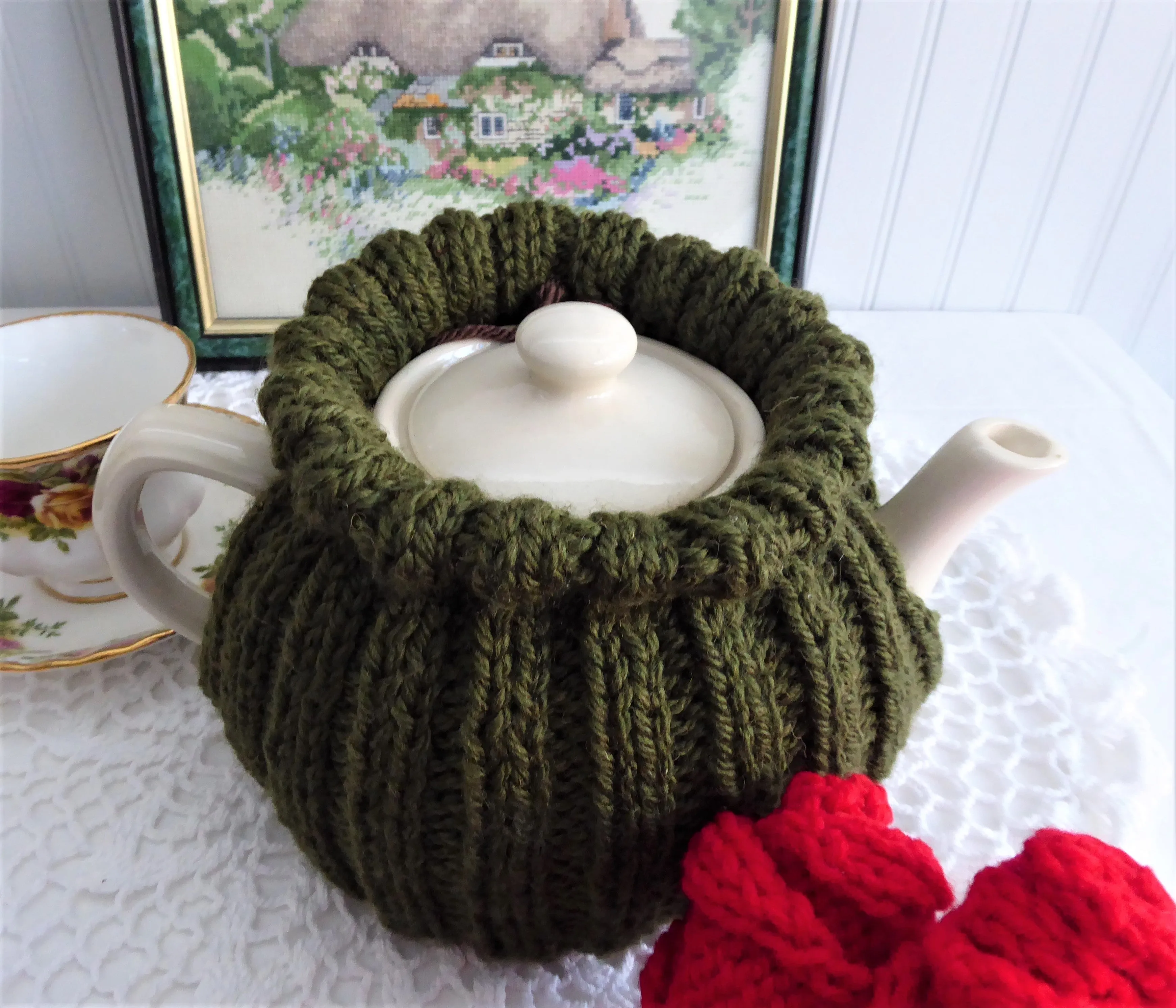 Red Roses Bouquet Knit Tea Cozy Hand Knitted Cosy Medium Stretchy US Artisan