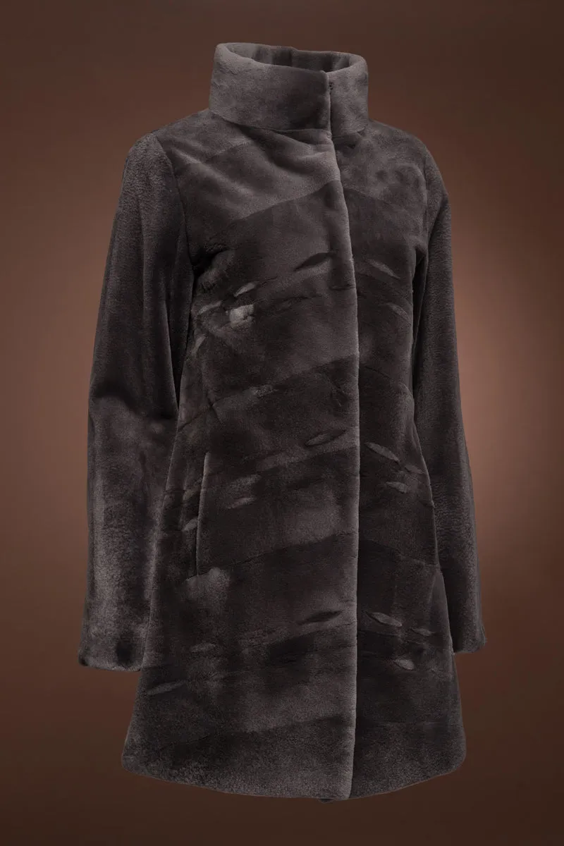 Reversible Chevron Sheared Mid-Length Mink Fur Coat