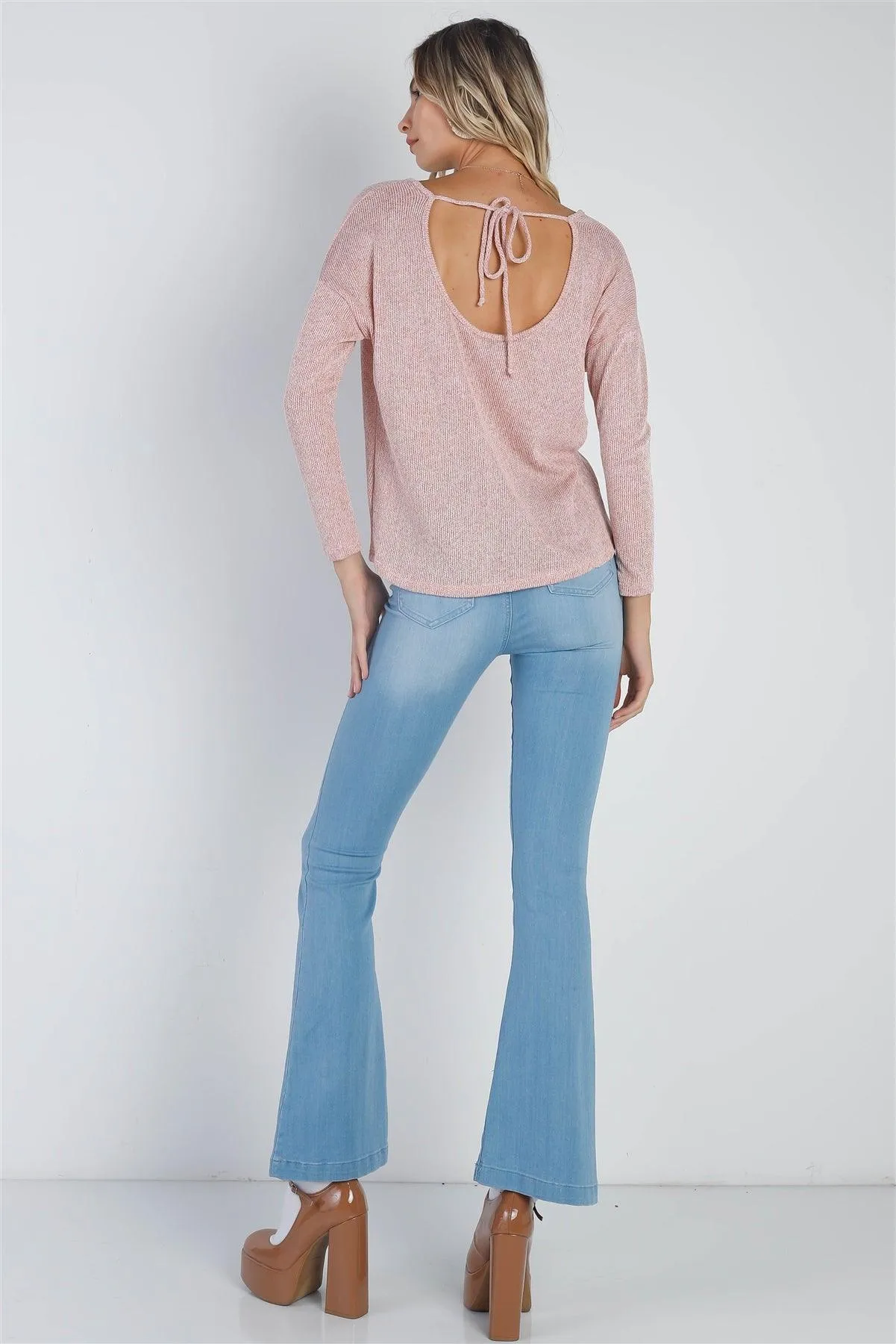 Rust Knit Wrap Detail Back Self-Tie Closure Long Sleeve Top /2-2-2