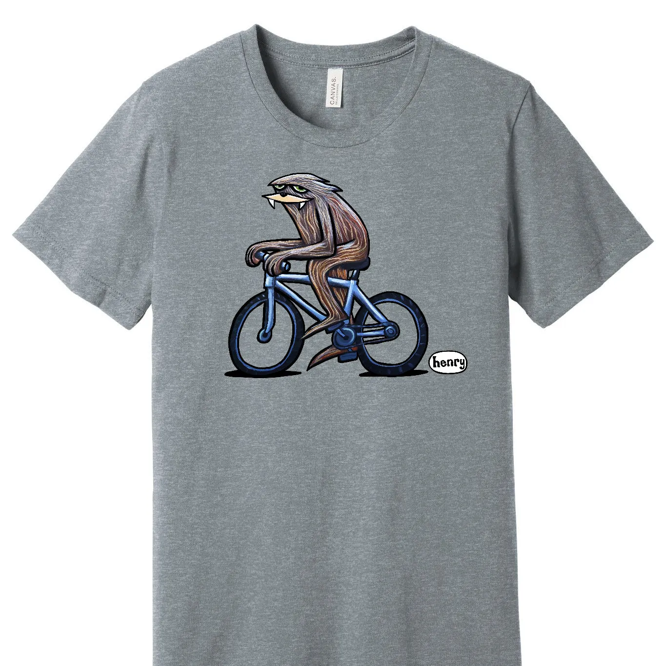 Sasquatch Biking Fast Unisex T-Shirt | Wearable Art by Seattle Mural Artist Ryan "Henry" Ward